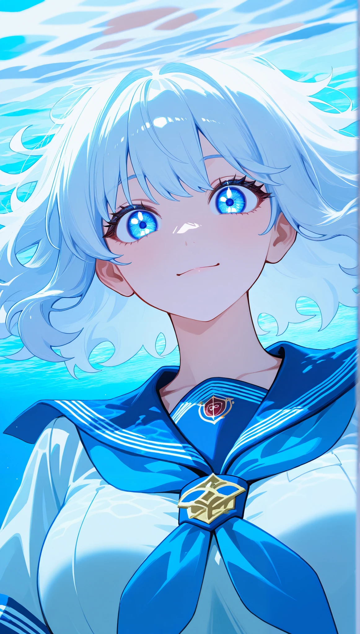 ( face:1.3), school uniform branco,vestido de sailor, white theme, school uniform, sailor, looking at the viewer, insanity, long and messy hair , beautiful and detailed eyes , The hair shines , dramatic angle ,gola de sailor azul, Animated breasts, light smile ,partially underwater image...