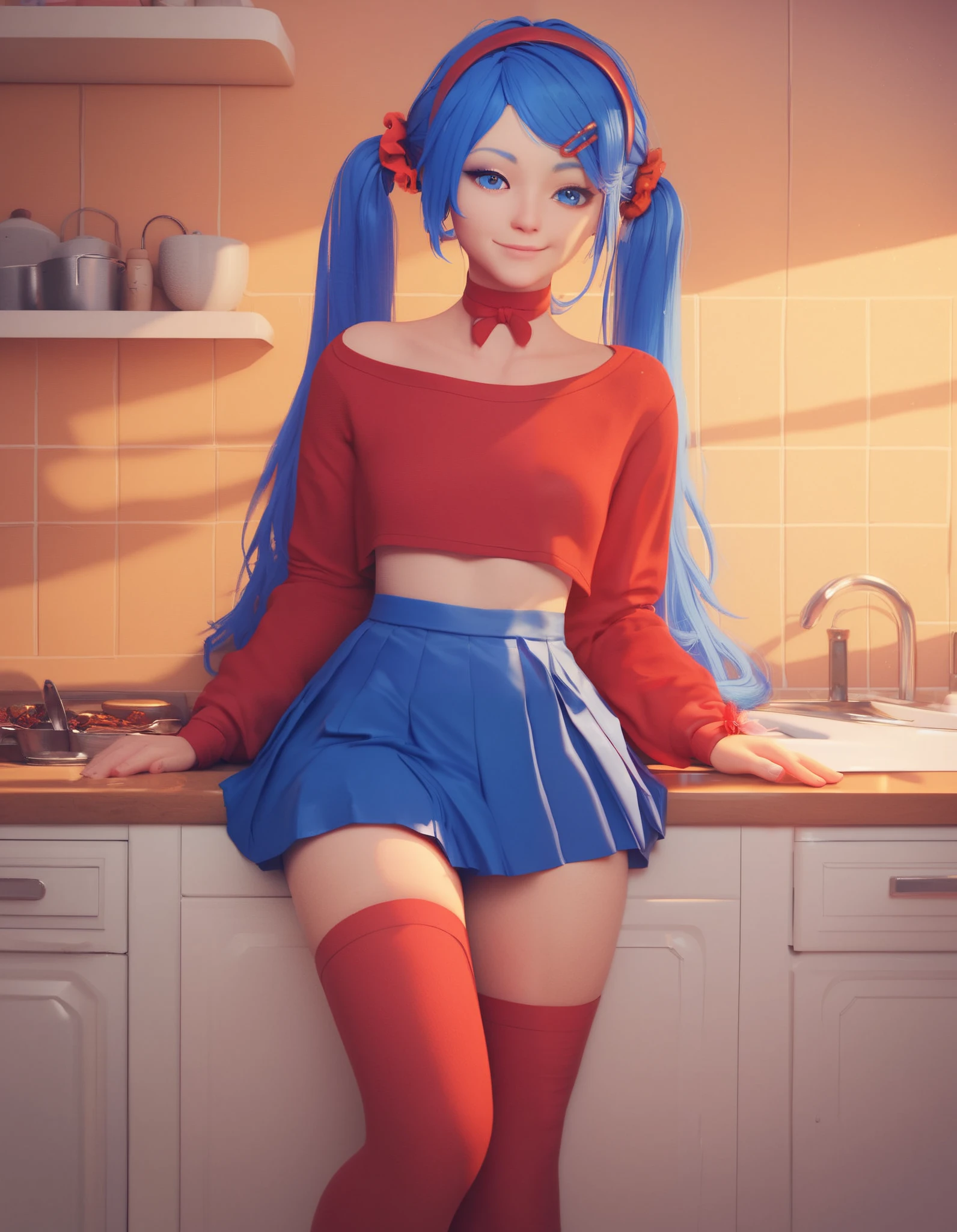 1girl,blue hair,hair ornament,hairband,hairclip,blue hair,long hair,twintails,hair scrunchie,blue eyes,red hairband,red collar,red shirt,long sleeves,blue skirt,pleated skirt,red thighhighs,red socks,miniskirt,crop top,solo,thighhighs,skirt,looking at viewer,jewelry,choker,ribbon choker,
Kitchen background,masterpiece,best quality,smile,