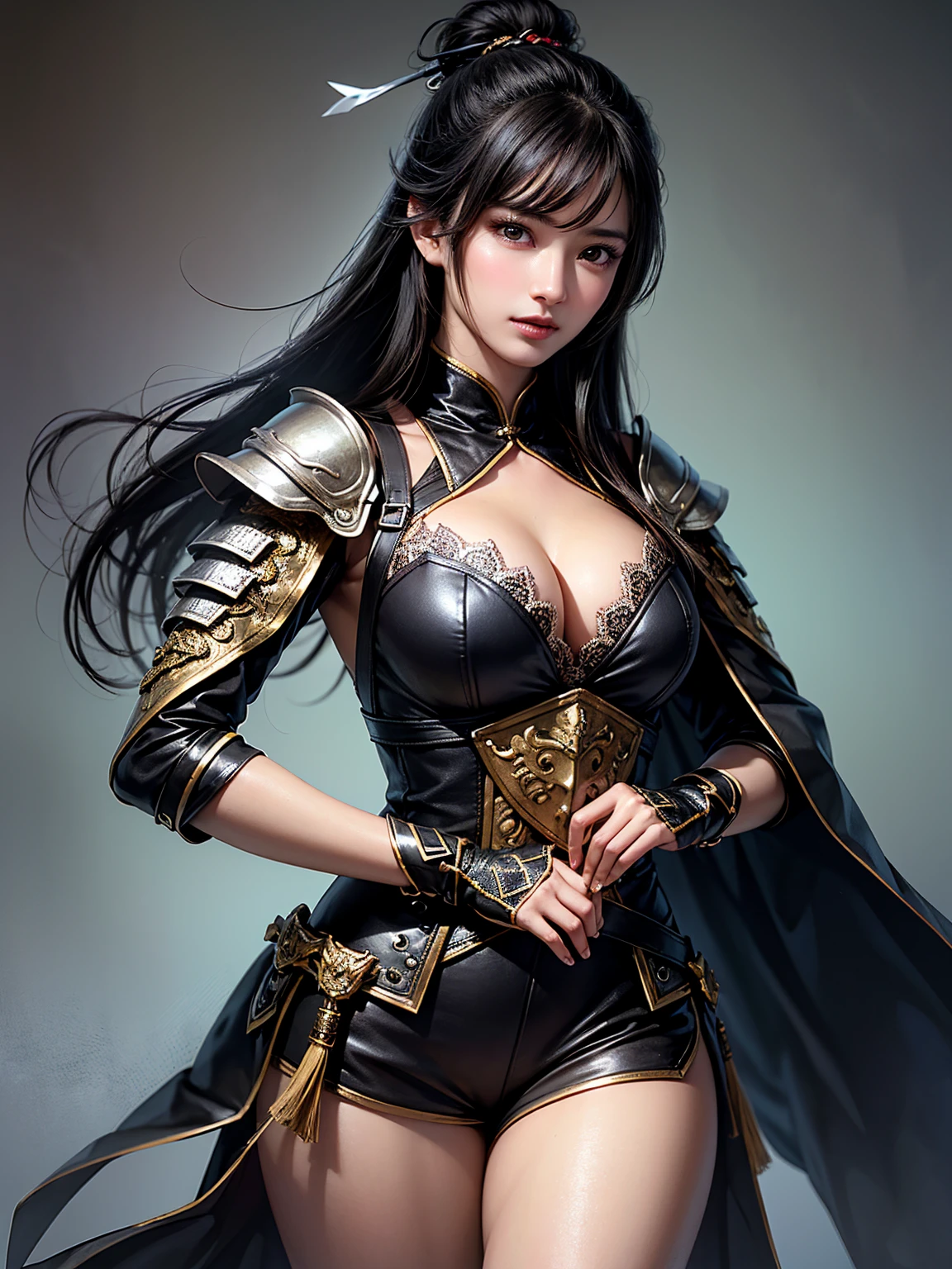 ((highest quality)), ((masterpiece)), (detailed), Perfect Face、knight、Big Tits、ponytail、Black Hair、Long Hair、Wearing armor、Wearing a cloak、Has a big sword、Red Cape、golden armor、Exposing the upper part of the chest、Bikini Armor、Mature Woman、Brandishing a Sword、Throw your hands out in front of you、Angry face、