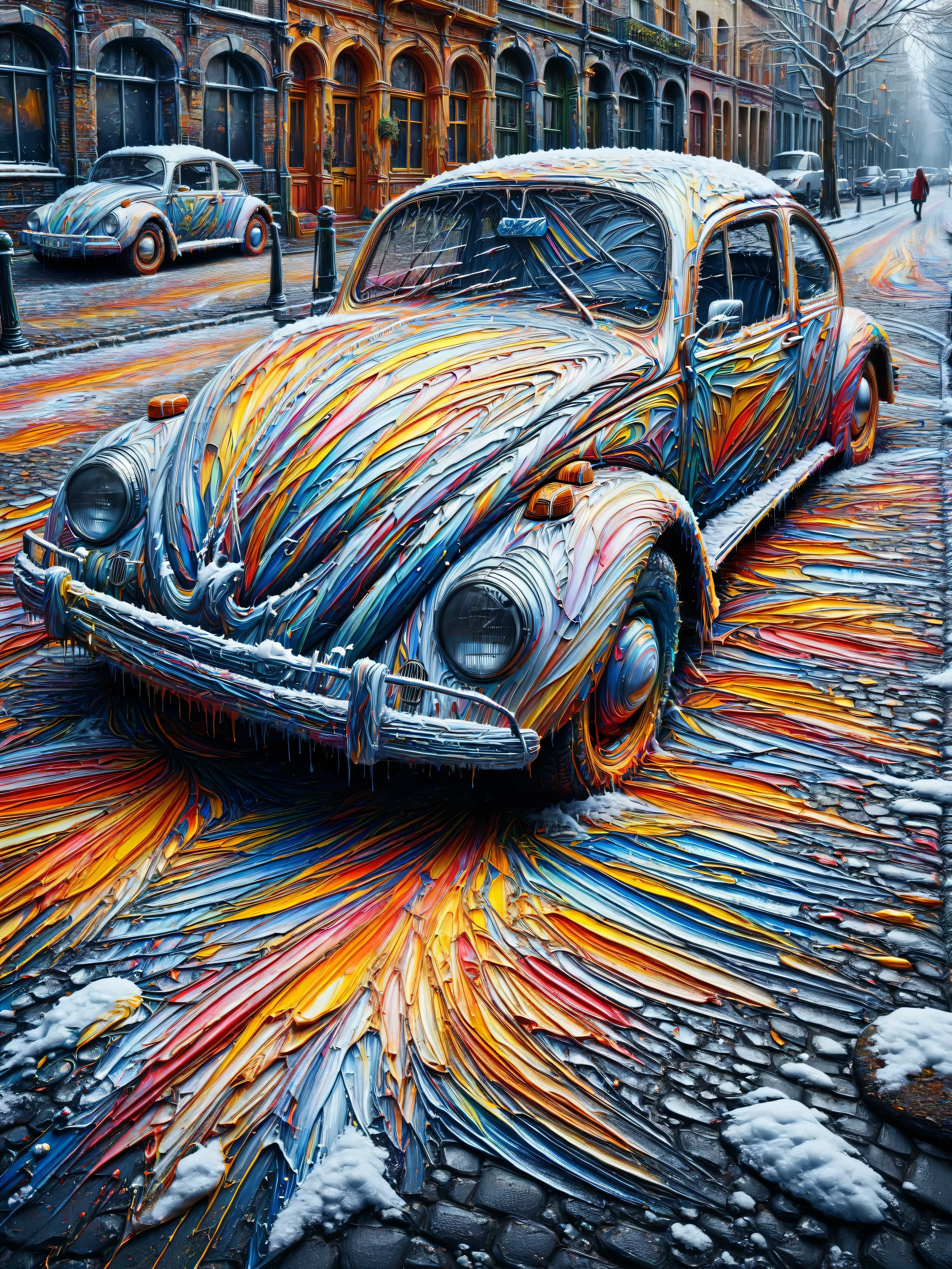 a classic Volkswagen Beetle car、 covered with ice acrylic paint 。, Park on a cobblestone road ,