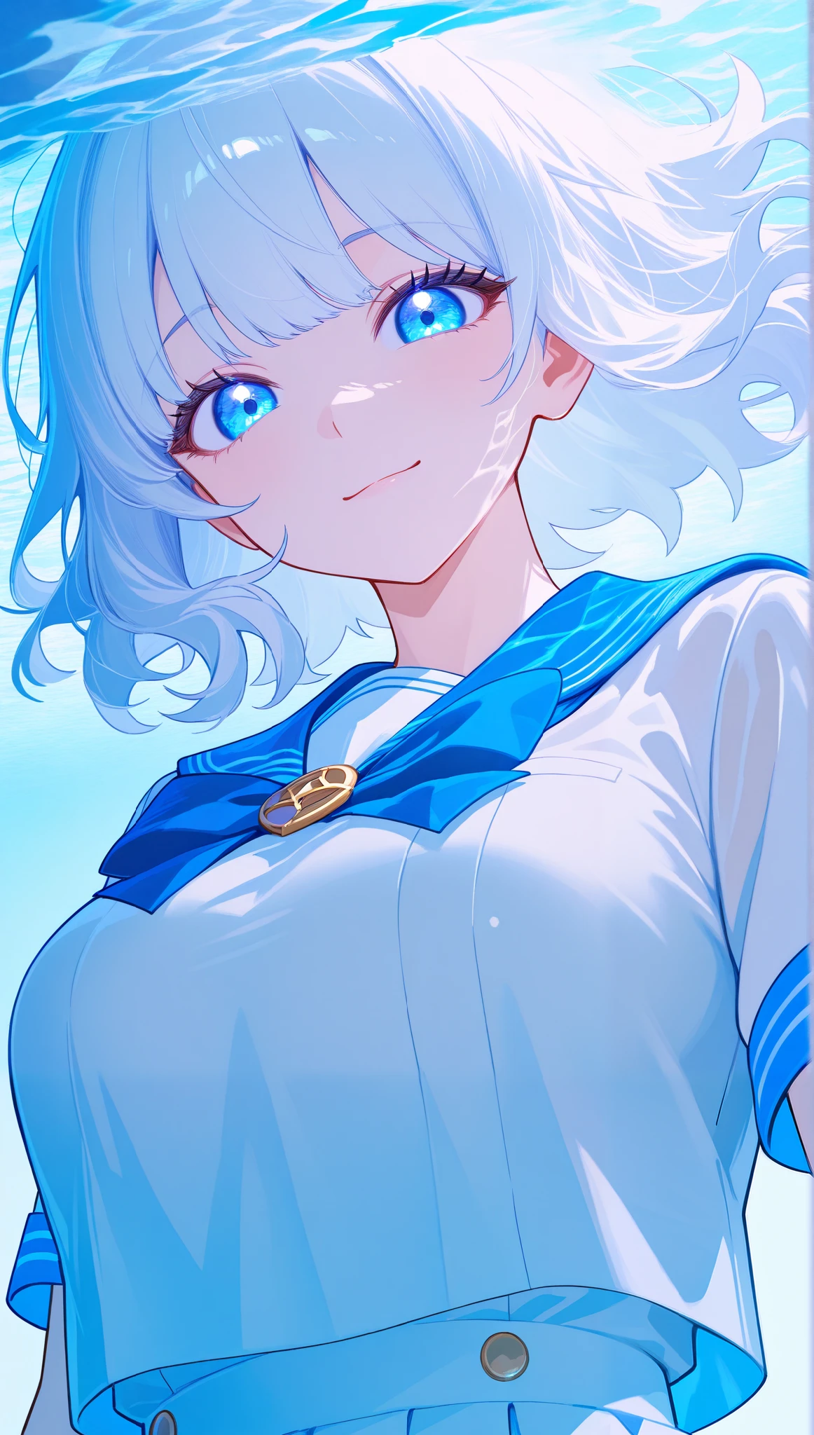 ( face:1.3), school uniform branco,vestido de sailor, white theme, school uniform, sailor, looking at the viewer, insanity, long and messy hair , beautiful and detailed eyes , The hair shines , dramatic angle ,gola de sailor azul, Animated breasts, light smile ,partially underwater image...