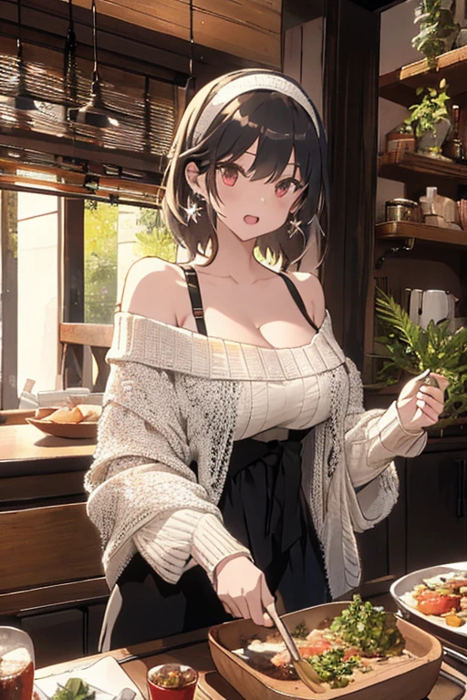masterpiece, yor, 1girl, Amazing Cleavage:1.3, thin waist, big ass, Raised sexy, medium breast: 1.8 posed cleavage:1.2、solo, looking at viewer, open mouth, have a cup of coffee,black hair, red eyes, dress, bare shoulders, jewelry, collarbone, sidelocks, hairband, earrings, indoors, off shoulder, :o, sweater, arms behind back, plant, short hair with long locks, white hairband, off-shoulder dress, sweater dress, off-shoulder sweater, red sweater, big side hair, very long side hair,is rendered in (masterpiece: 1.2, best quality), with (ultra high resolution) and an exquisite (depth of field). This masterpiece is not only visually stunning but also tells, make of cake cooking ,in the kitchen