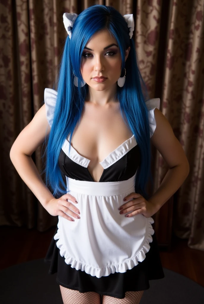 Masterwork, best quality, a photograph of a (gorgeous attractive pale-skinned:1.3) (plump:0.8) blue hair long hair (maid outfit, apron:1.3) with big lips, (large sagging breasts), heavy eyeliner, heavy makeup, nude, by Suicide Girls, soft diffuse lighting, kitchen, sink, detailed BREAK syd mead, basil gogos, kawase hasui, moebius, awe-inspiring