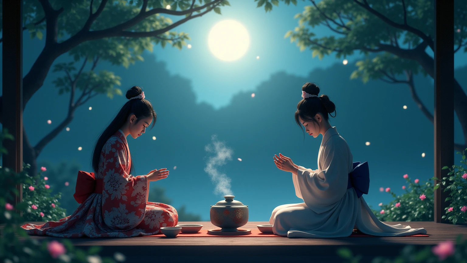 Moonlight Tea Set Moonlight, tea , classical tea set, garden, tranquil night, soft ...