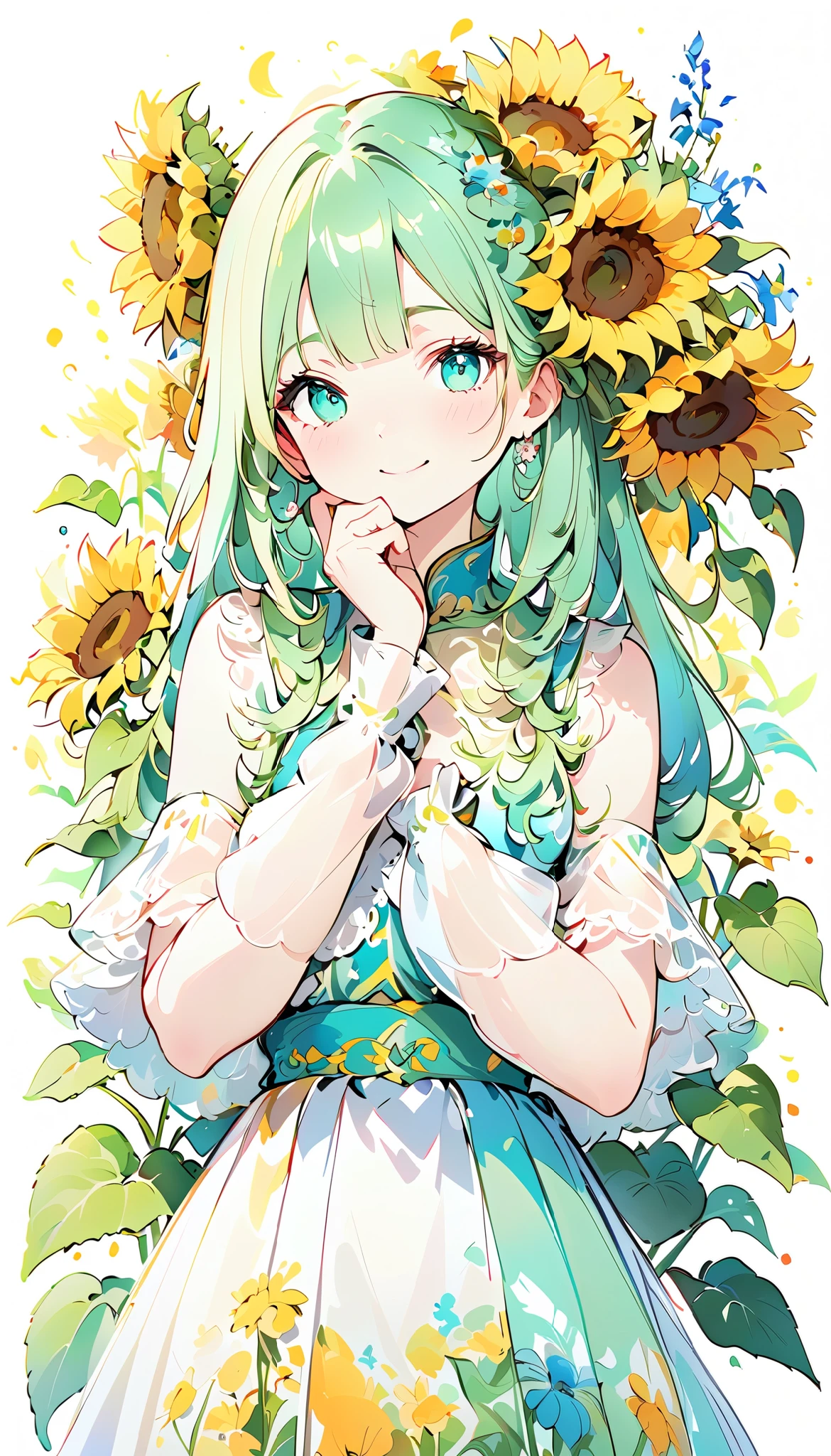 Beautiful smiling girl, She put her hand on her cheek, Sunflowers and wildflowers in her hair, colorful watercolor and pencil drawing ,  full body portrait in anime style ,  detailed character design drawn in digital art style on white background {x}, Colorful ink painting, Intricate clothing and designs, 8K HD