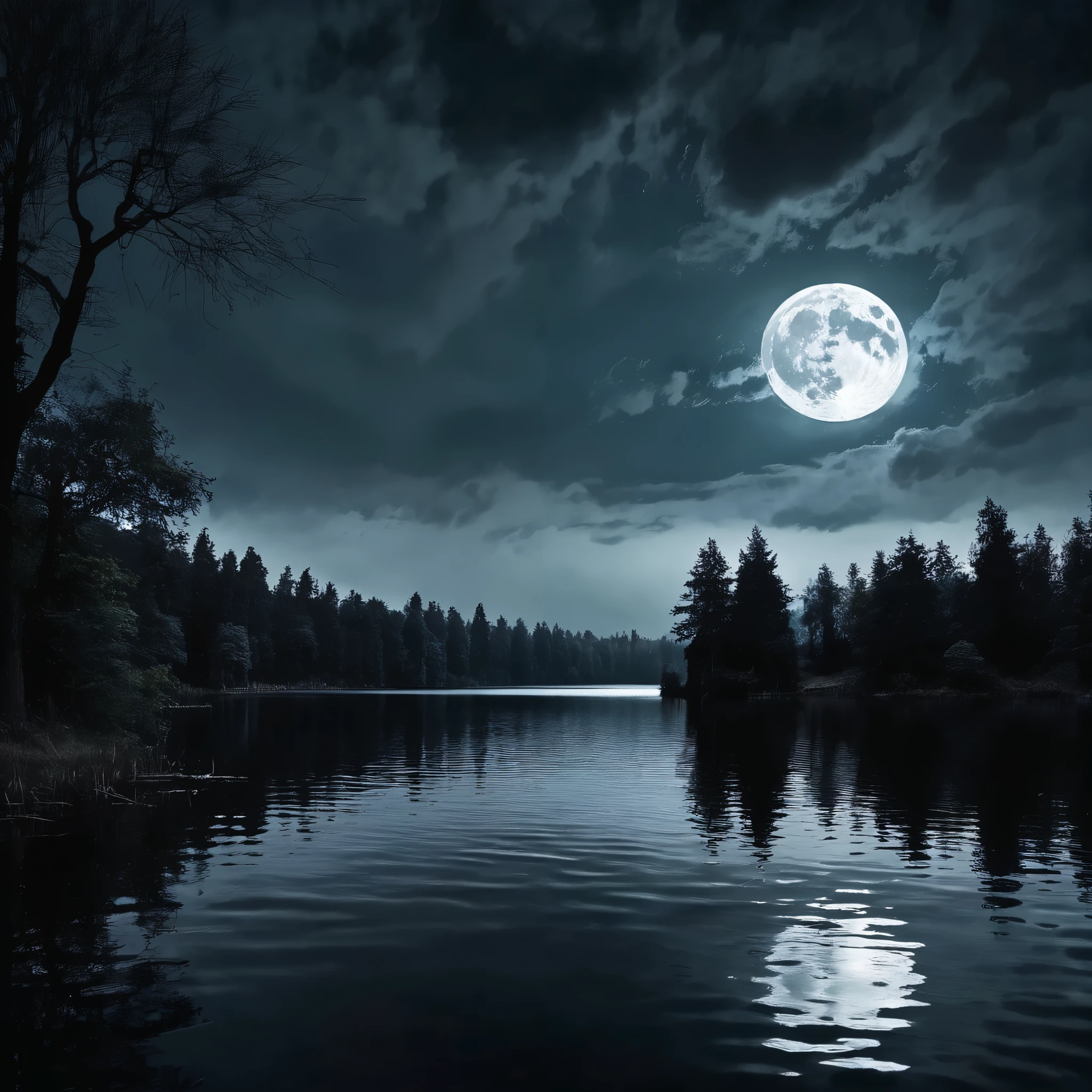 Dark Gothic-style lake in the moonlight, gloomy tones, complicated details, and ominous atmosphere .