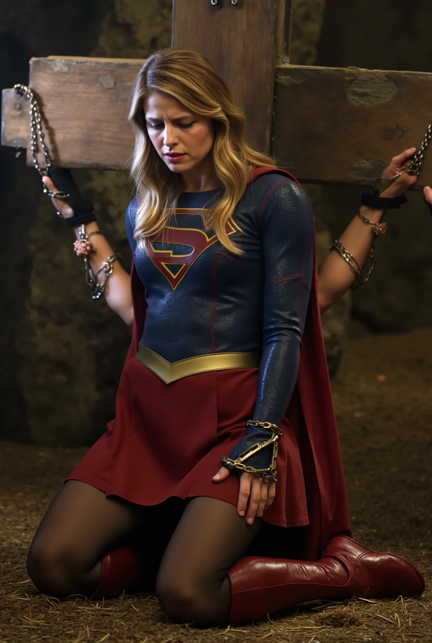 Melissa Benoist as Supergirl, the Supergirl is kneeling crucified attach the cross, her wrists are bounded to the cross by chain, she is unconscious, eyes close, She is wearing a Supergirl costume with red skirt, pantyhose and red knee height boots, her condition is tired, injury, tattered clothes, painful face, cum on her forehead, cum on her skirt, cum on her thighs, in the cave,