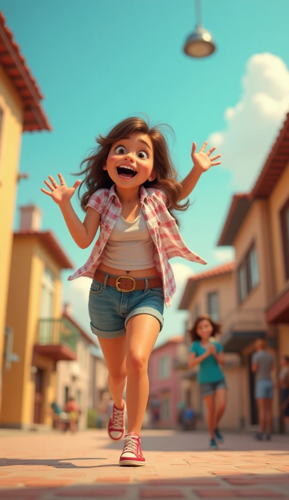 Prompt: Show Lily, a girl with wind-tousled hair and a determined expression, running along a coastal path towards a rustic lighthouse in the distance. Her eyes are wide with excitement, and she clutches a small bag of coins tightly in her hand. The evening sun casts a golden glow on the scene, highlighting her joy and anticipation.