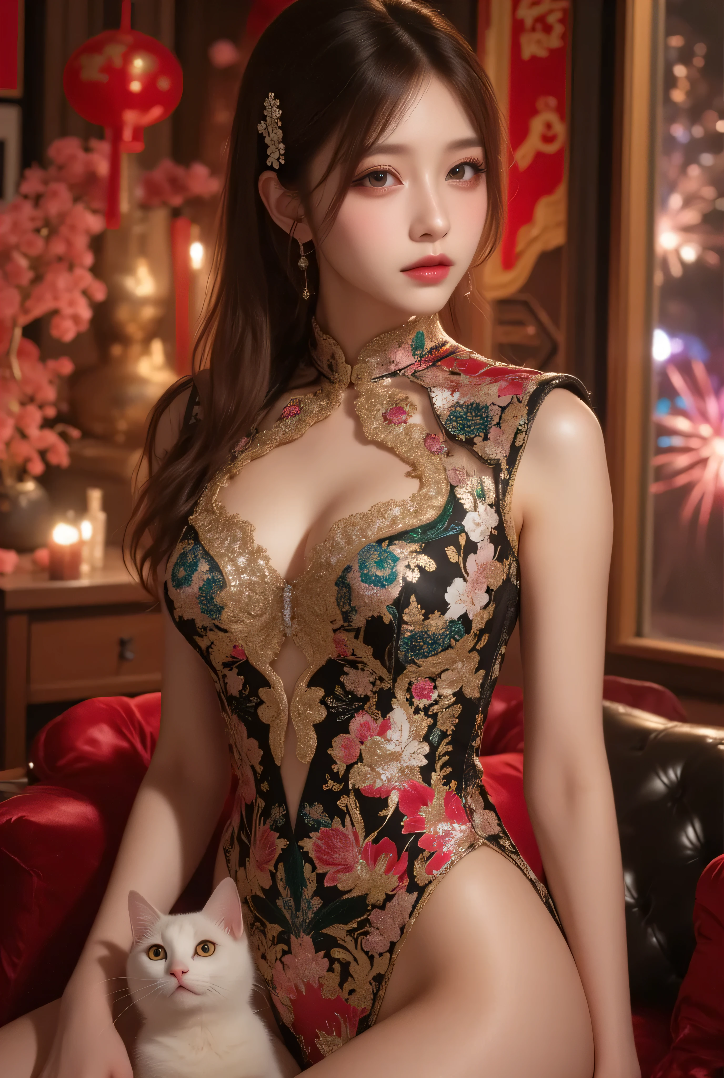 Cat ears、 face up, attractive, pretty girl, ponytail、few beautiful lady hair decorations, (( fine facial features , eroticism)), dramatic lighting , realistic , 8k, Dramatic Shadows , intricate and elaborate patterns , super detailed photo , chiaroscuro lighting , Pleasant colors , deep contrast , super real 、 pink lipstick、 warm room、Vintage Fireplace 、 cinematic composition、Close-up of face, pretty half part transparent open shoulder loose outfits dress, tang style, A beautiful Korean idol wearing a one piece red-green-blue-black-silver-gold tightly cheongsam with phoenix and intricate floral golden embroidery, golden and silver outline on dress, standing gracefully in a room filled with traditional Chinese New Year decorations. The room features vibrant red lanterns, decorative calligraphy scrolls, a small Chinese orange tree with golden ornaments, and several red envelopes scattered across the floor and hanging from the tree. Adorable, playful cats are part of the scene—some sitting near the tree, others curiously pawing at the red envelopes or lounging around. Through a window or an open door in the background, vibrant Chinese fireworks light up the night sky in an array of reds, golds, and blues, casting a magical glow into the room. The idol’s outfit is paired with subtle accessories like red hairpins or earrings, complementing the festive look. The atmosphere is warm and lively, filled with the joyful essence of the celebration, enhanced by the shimmering lights of the fireworks and the lively decor.