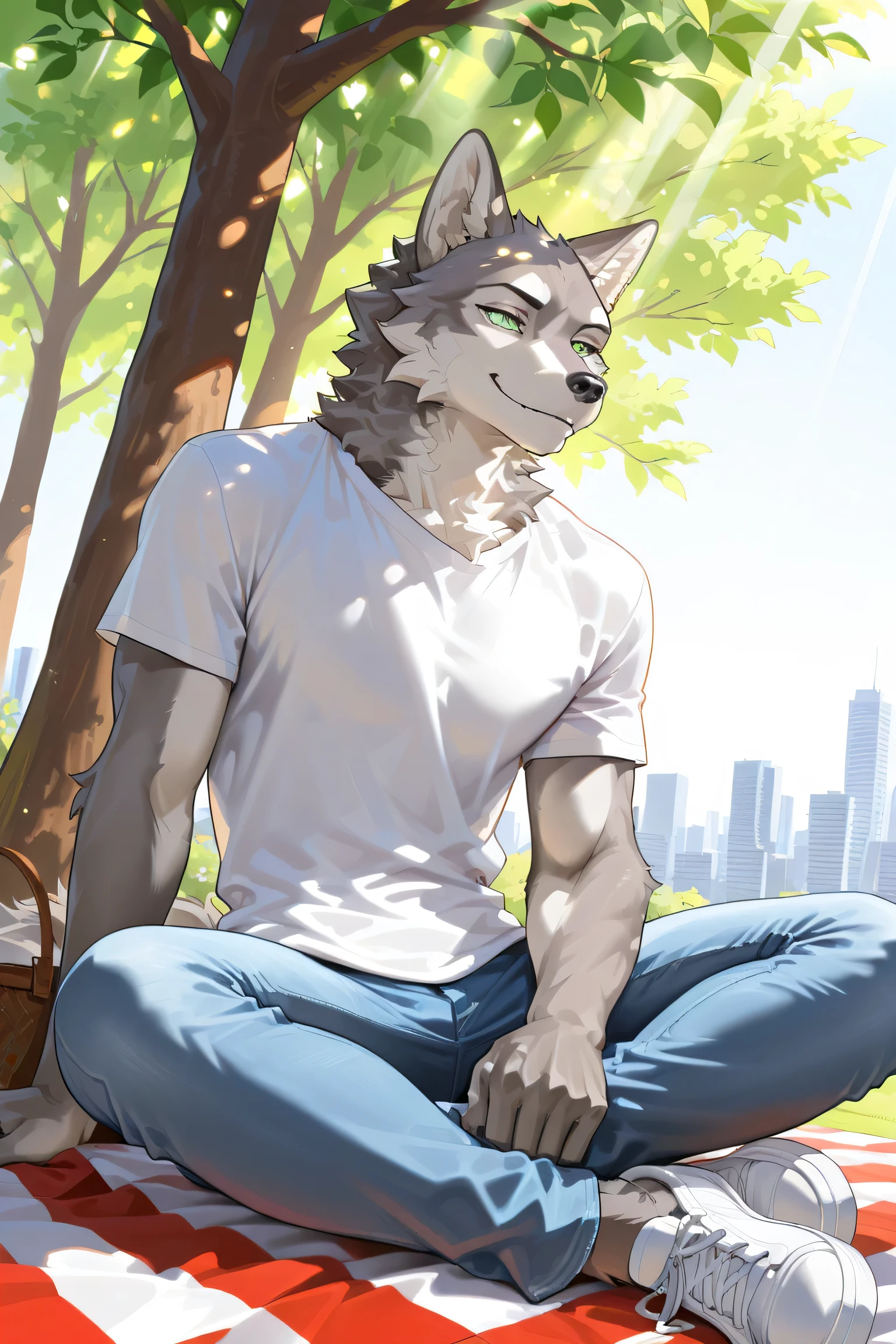 masterpiece,best quality,ultra-detailed,huge filesize,score_9,score_8_up,score_7_up,score_6_up BREAK high saturation,high contrast,very awa,masterpiece,best quality,year 2024,newest,highres,absurdres,(ask\(askzy\):0.6),(ciloranko:0.3),exquisite background
(dramatic lighting:1.3),rim lighting,volumetric lighting,(light rays:1.2),
(steam:1.2),lens flare,light particles,ambient occlusion,
1boy, furry, anthro furry, wolf, , high school student,
skinny, thin, ectomorph, slightly muscular, dark grey fur, white fur, green eyes,white t-shirt, jeans, canvas shoes,sitting, legs crossed,
tree, lush foliage, picnic, sunny, daytime, outdoors, cityscape in the distance,solo, single person,happy, smiling, confident, smirk, closed mouth smile,