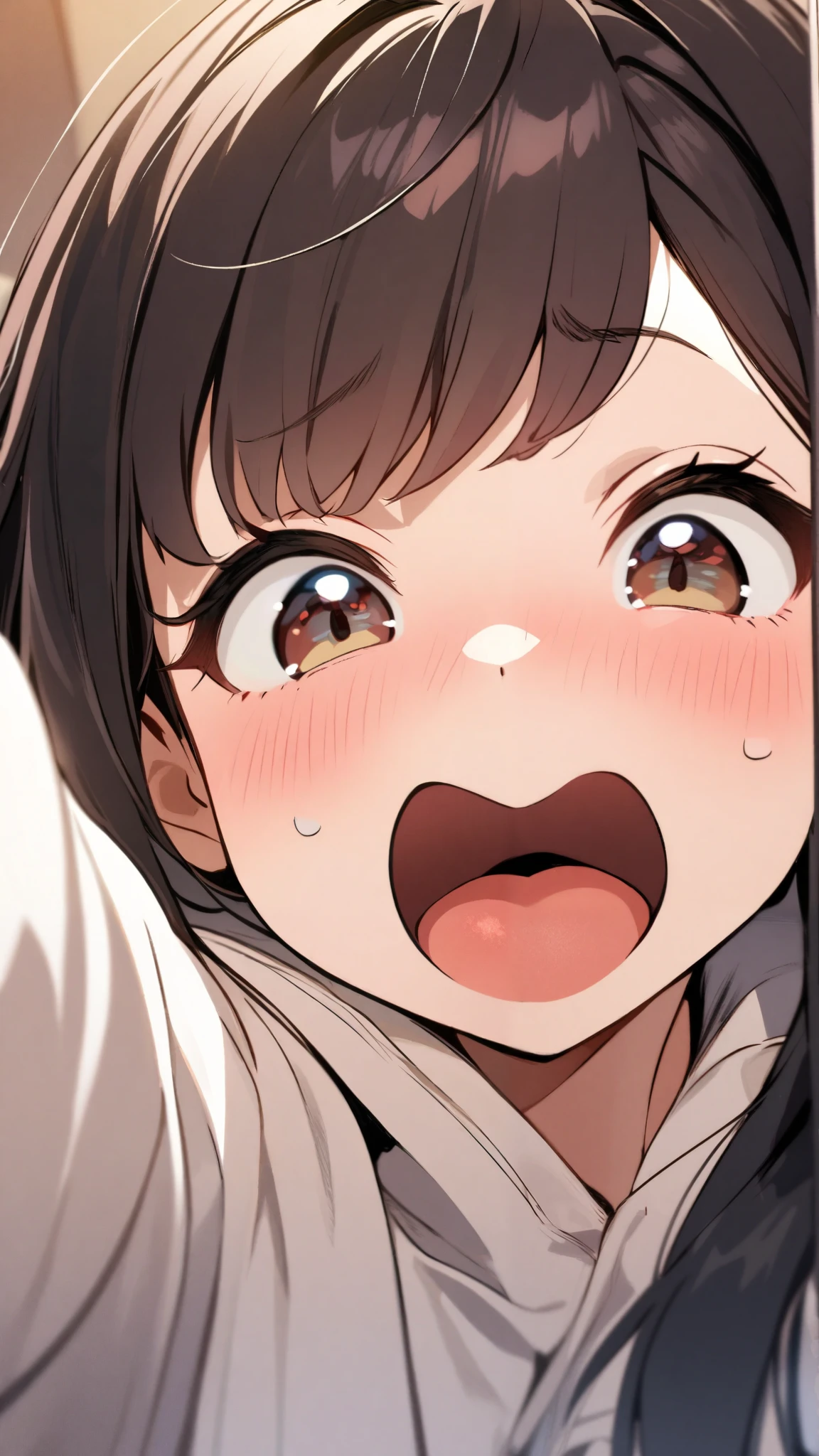 nsfw,1 girl,Solo,hair,(black hair:1),uvula,portrait,masterpiece, best quality, very aesthetic, absurdres,looking at viewer,split,(Black clothing),pov,open mouth,White Breath,shiny,gloss,heavy_breathing