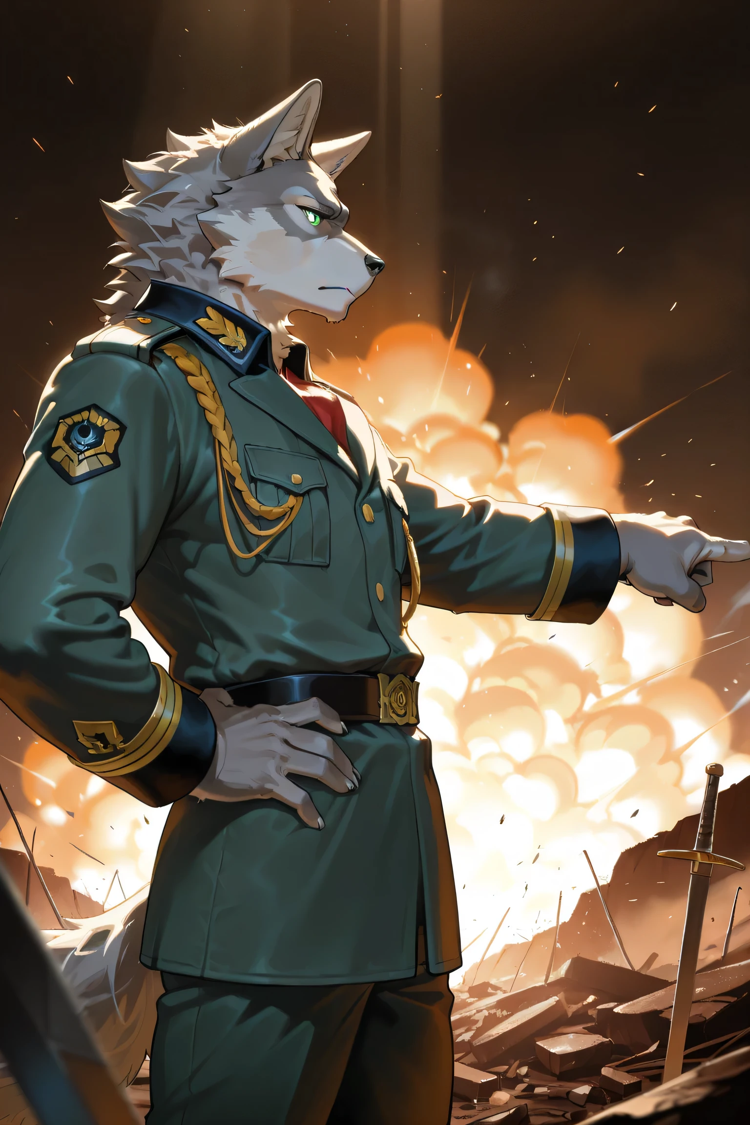 masterpiece,best quality,ultra-detailed,huge filesize,score_9,score_8_up,score_7_up,score_6_up BREAK high saturation,high contrast,very awa,masterpiece,best quality,year 2024,newest,highres,absurdres,(ask\(askzy\):0.6),(ciloranko:0.3),exquisite background
(dramatic lighting:1.3),rim lighting,volumetric lighting,(light rays:1.2),
(steam:1.2),lens flare,light particles,ambient occlusion,
(furry, anthro furry), wolf, grey fur, (white fur:0.8), green eyes, age, young, high school student, (tall:1.2), (thin:1.2), (lean:1.2), slim, (no hair:1.3),
( (military uniform:1.2), general), sword,
one hand on hip, one hand pointing forward, determined, brave, (side view:1.2), (profile view:1.2), (from side:1.2),
battlefield, battlefield debris, smoke, explosions, debris, dramatic lighting, epic scale, wide shot,
sepia, dark, depressing, serious, epic, grand, majestic,
solo, single person, solo focus,
