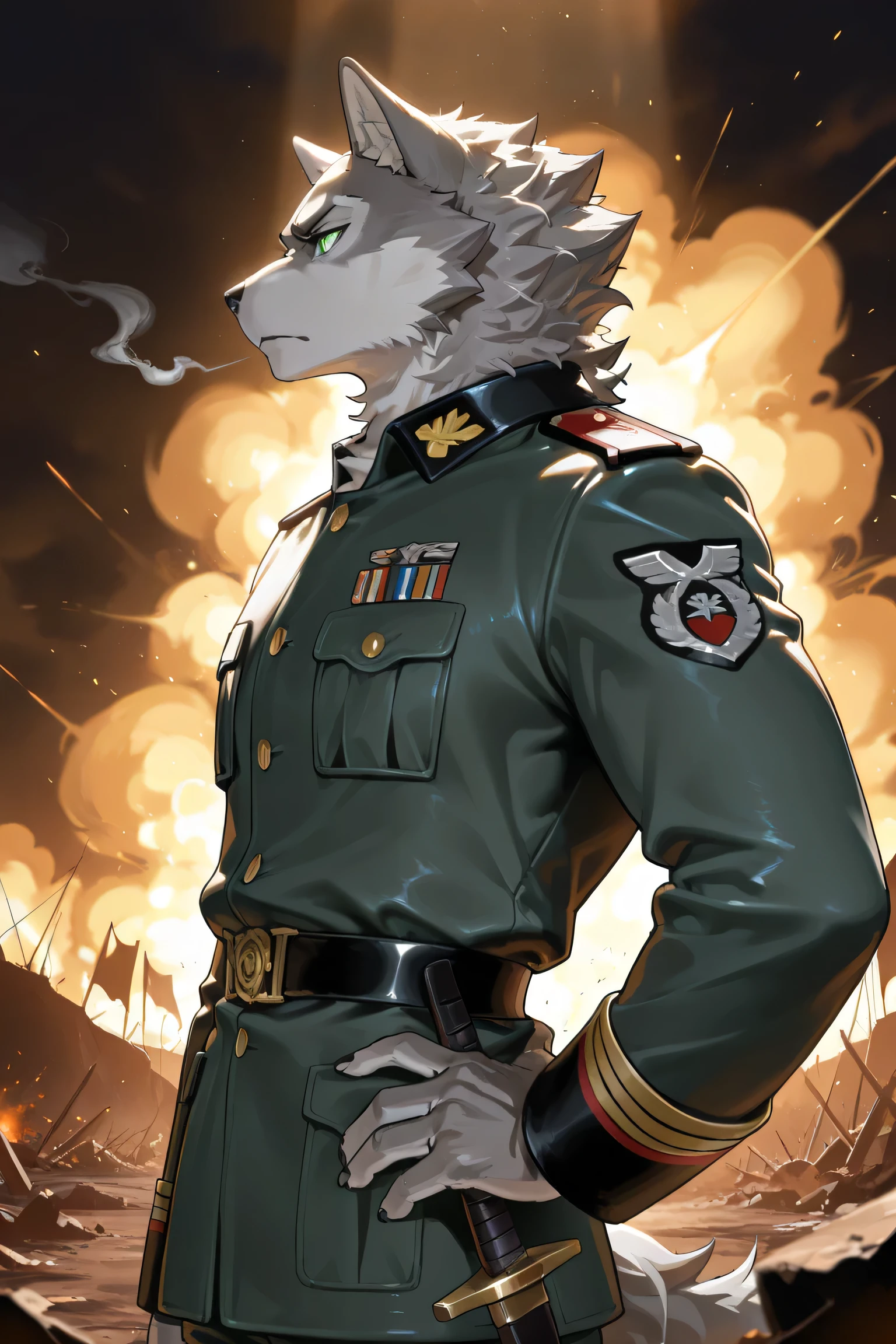 masterpiece,best quality,ultra-detailed,huge filesize,score_9,score_8_up,score_7_up,score_6_up BREAK high saturation,high contrast,very awa,masterpiece,best quality,year 2024,newest,highres,absurdres,(ask\(askzy\):0.6),(ciloranko:0.3),exquisite background
(dramatic lighting:1.3),rim lighting,volumetric lighting,(light rays:1.2),
(steam:1.2),lens flare,light particles,ambient occlusion,
(furry, anthro furry), wolf, grey fur, (white fur:0.8), green eyes, age, young, high school student, (tall:1.2), (thin:1.2), (lean:1.2), slim, (no hair:1.3),
( (military uniform:1.2), general), sword,
one hand on hip, one hand pointing forward, determined, brave, (side view:1.2), (profile view:1.2), (from side:1.2),
battlefield, battlefield debris, smoke, explosions, debris, dramatic lighting, epic scale, wide shot,
sepia, dark, depressing, serious, epic, grand, majestic,
solo, single person, solo focus,