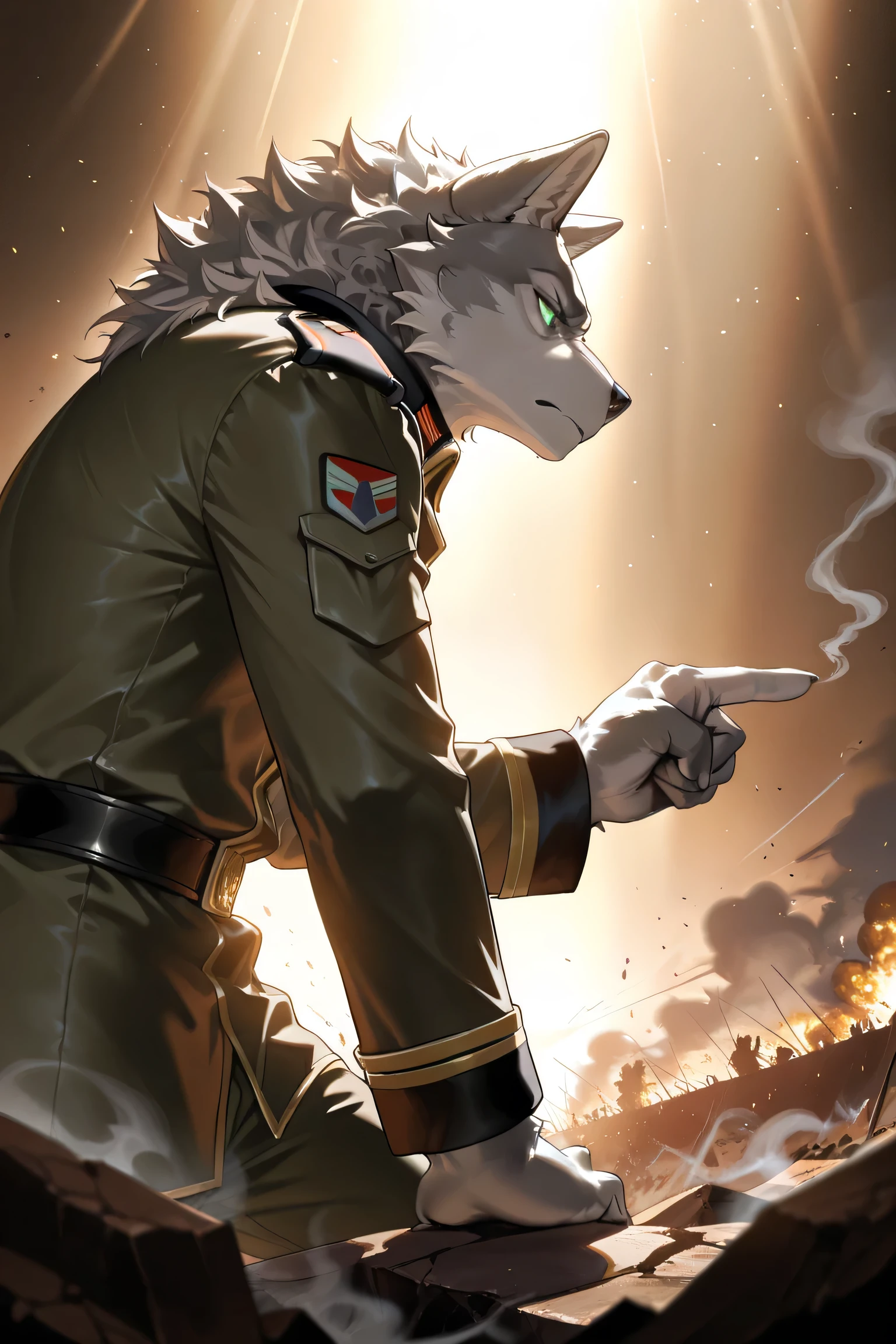 masterpiece,best quality,ultra-detailed,huge filesize,score_9,score_8_up,score_7_up,score_6_up BREAK high saturation,high contrast,very awa,masterpiece,best quality,year 2024,newest,highres,absurdres,(ask\(askzy\):0.6),(ciloranko:0.3),exquisite background
(dramatic lighting:1.3),rim lighting,volumetric lighting,(light rays:1.2),
(steam:1.2),lens flare,light particles,ambient occlusion,
(furry, anthro furry), wolf, grey fur, (white fur:0.8), green eyes, age, young, high school student, (tall:1.2), (thin:1.2), (lean:1.2), slim, (no hair:1.3),
( (military uniform:1.2), general), sword,
one hand on hip, one hand pointing forward, determined, brave, (side view:1.2), (profile view:1.2), (from side:1.2),
battlefield, battlefield debris, smoke, explosions, debris, dramatic lighting, epic scale, wide shot,
sepia, dark, depressing, serious, epic, grand, majestic,
solo, single person, solo focus,