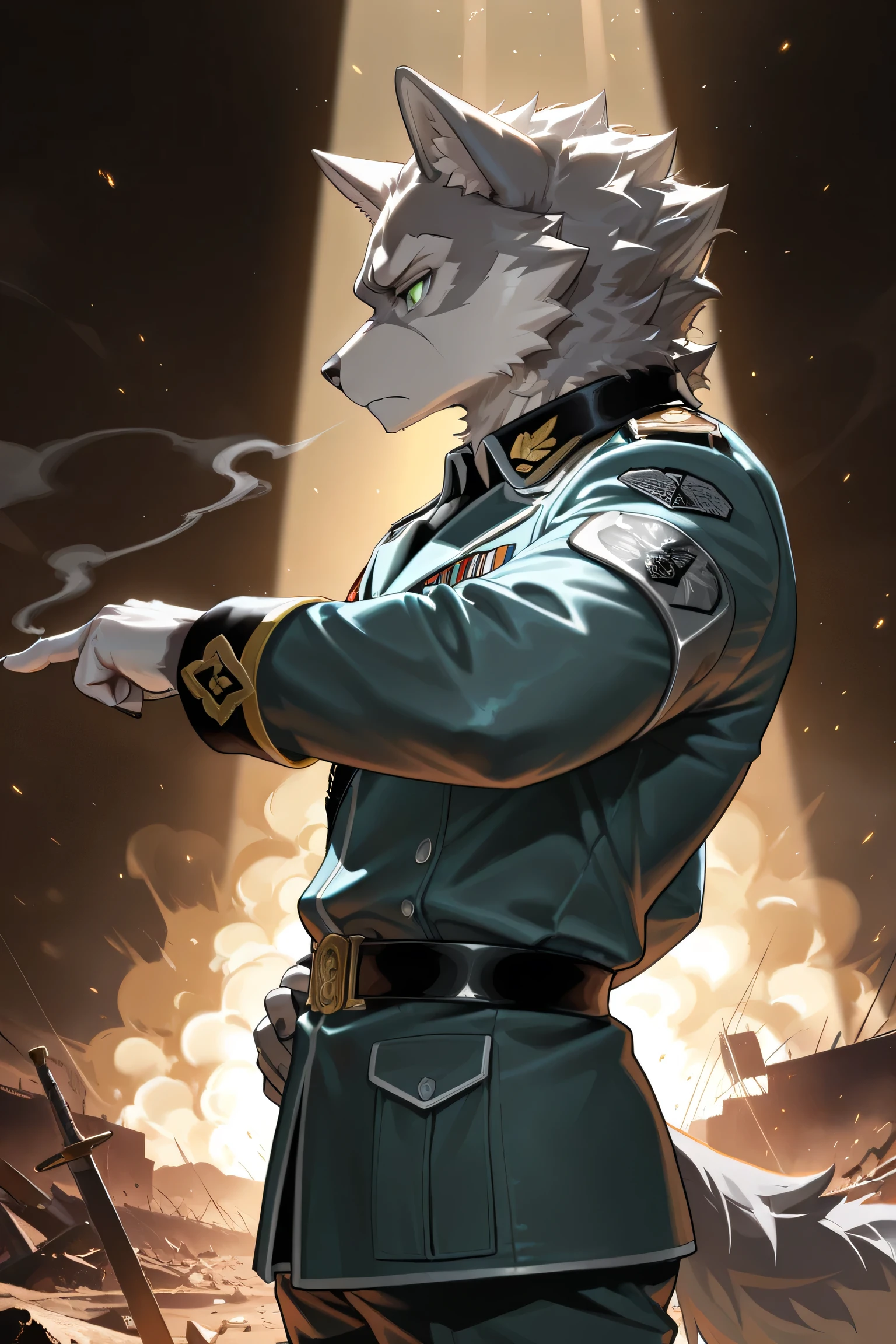 masterpiece,best quality,ultra-detailed,huge filesize,score_9,score_8_up,score_7_up,score_6_up BREAK high saturation,high contrast,very awa,masterpiece,best quality,year 2024,newest,highres,absurdres,(ask\(askzy\):0.6),(ciloranko:0.3),exquisite background
(dramatic lighting:1.3),rim lighting,volumetric lighting,(light rays:1.2),
(steam:1.2),lens flare,light particles,ambient occlusion,
(furry, anthro furry), wolf, grey fur, (white fur:0.8), green eyes, age, young, high school student, (tall:1.2), (thin:1.2), (lean:1.2), slim, (no hair:1.3),
( (military uniform:1.2), general), sword,
one hand on hip, one hand pointing forward, determined, brave, (side view:1.2), (profile view:1.2), (from side:1.2),
battlefield, battlefield debris, smoke, explosions, debris, dramatic lighting, epic scale, wide shot,
sepia, dark, depressing, serious, epic, grand, majestic,
solo, single person, solo focus,