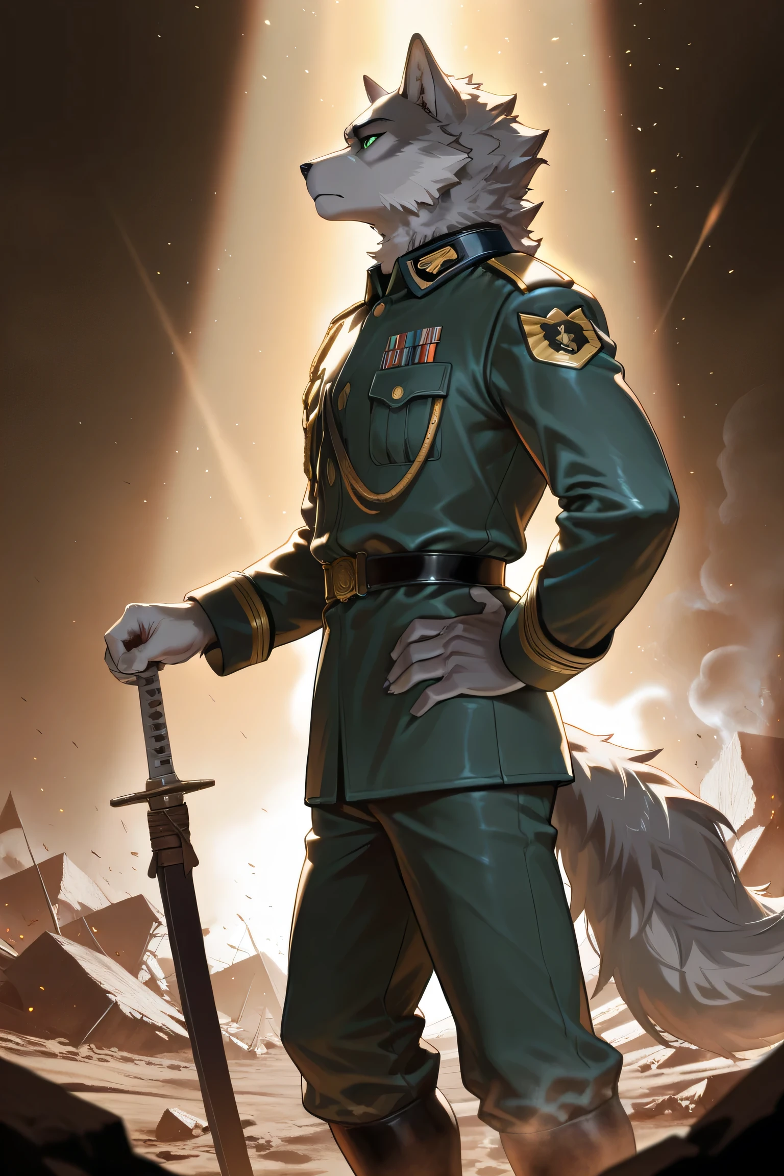 masterpiece,best quality,ultra-detailed,huge filesize,score_9,score_8_up,score_7_up,score_6_up BREAK high saturation,high contrast,very awa,masterpiece,best quality,year 2024,newest,highres,absurdres,(ask\(askzy\):0.6),(ciloranko:0.3),exquisite background
(dramatic lighting:1.3),rim lighting,volumetric lighting,(light rays:1.2),
(steam:1.2),lens flare,light particles,ambient occlusion,
(furry, anthro furry), wolf, grey fur, (white fur:0.8), green eyes, age, young, high school student, (tall:1.2), (thin:1.2), (lean:1.2), slim, (no hair:1.3),
( (military uniform:1.2), general), sword,
one hand on hip, one hand pointing forward, determined, brave, (side view:1.2), (profile view:1.2), (from side:1.2),
battlefield, battlefield debris, smoke, explosions, debris, dramatic lighting, epic scale, wide shot,
sepia, dark, depressing, serious, epic, grand, majestic,
solo, single person, solo focus,