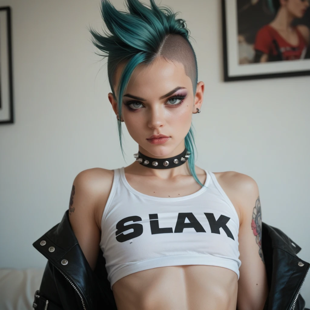 Wheelchair girl, goth with blue and yellow hair, naked all shit