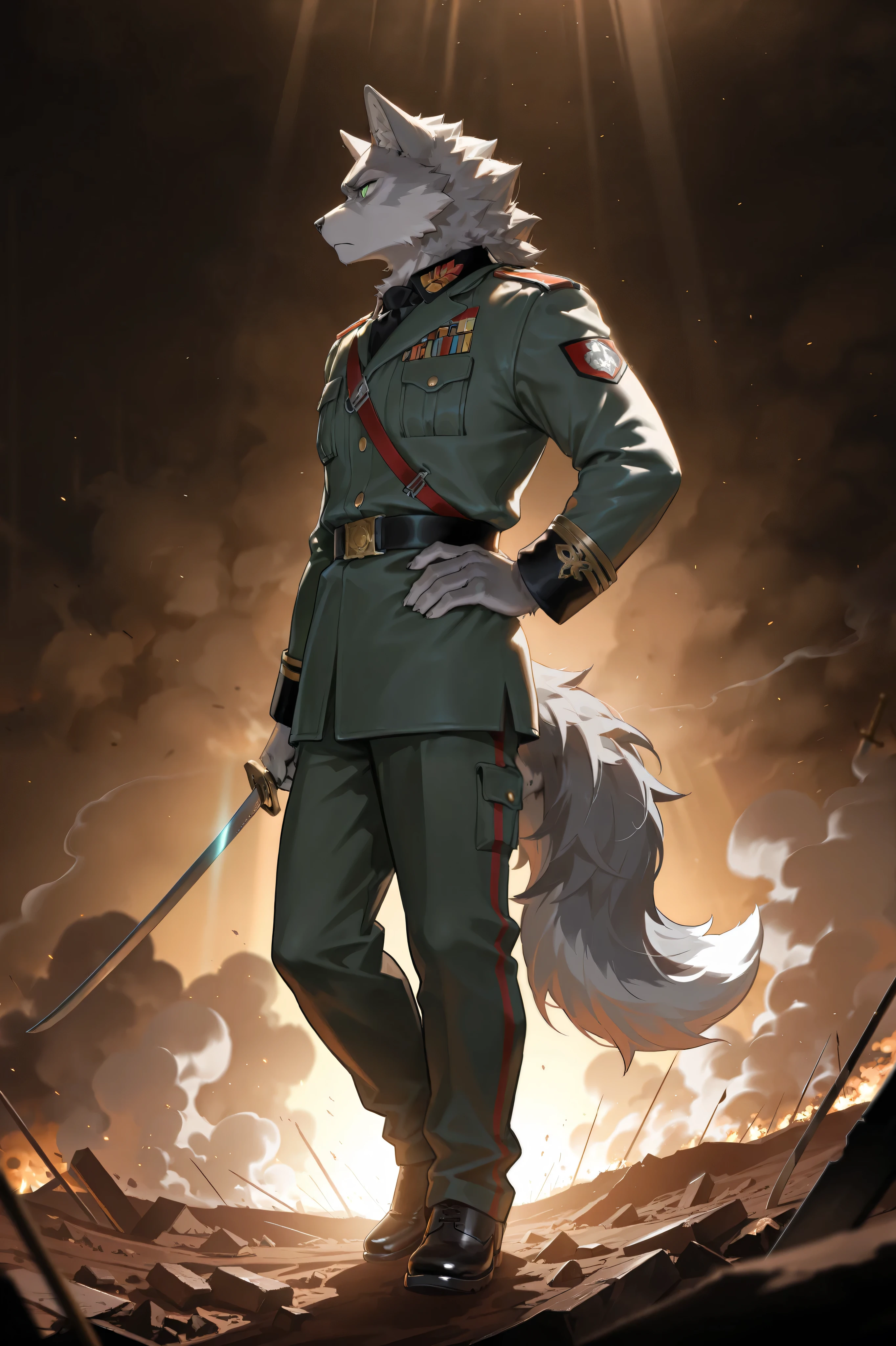 masterpiece,best quality,ultra-detailed,huge filesize,score_9,score_8_up,score_7_up,score_6_up BREAK high saturation,high contrast,very awa,masterpiece,best quality,year 2024,newest,highres,absurdres,(ask\(askzy\):0.6),(ciloranko:0.3),exquisite background
(dramatic lighting:1.3),rim lighting,volumetric lighting,(light rays:1.2),
(steam:1.2),lens flare,light particles,ambient occlusion,
(furry, anthro furry), wolf, grey fur, (white fur:0.8), green eyes, age, young, high school student, (tall:1.2), (thin:1.2), (lean:1.2), slim, (no hair:1.3),
( (military uniform:1.2), general), sword,
one hand on hip, one hand pointing forward, determined, brave, (side view:1.2), (profile view:1.2), (from side:1.2),
battlefield, battlefield debris, smoke, explosions, debris, dramatic lighting, epic scale, wide shot,
sepia, dark, depressing, serious, epic, grand, majestic,
solo, single person, solo focus,