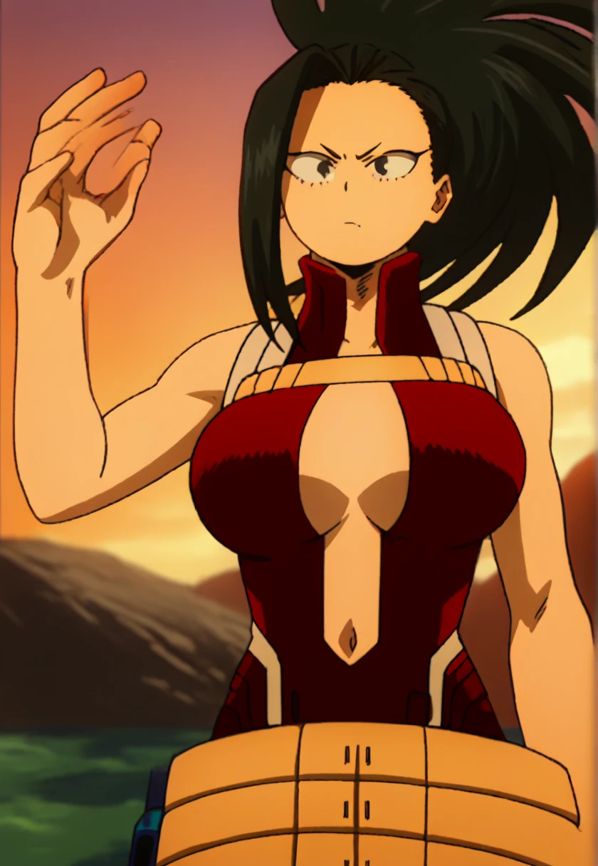 (masterpiece, best quality:1.3), Coffing, Thin Lineart, Cel-Shading, Desaturated Colors, 1girl, solo, looking at viewer, huge breasts, mature female, (white background:1.1), <lora:Coffing Style Lora:.85>, yaoyorozu Momo, black hair, ponytail, hair pulled back, black eyes, red leotard, cowboy shot, navel cutout, bare arms, bare legs, (belt:1.1), closed mouth, wide hips, thick thighs, cleavage, <lora:yaoyorozu_momo_v1:.7>