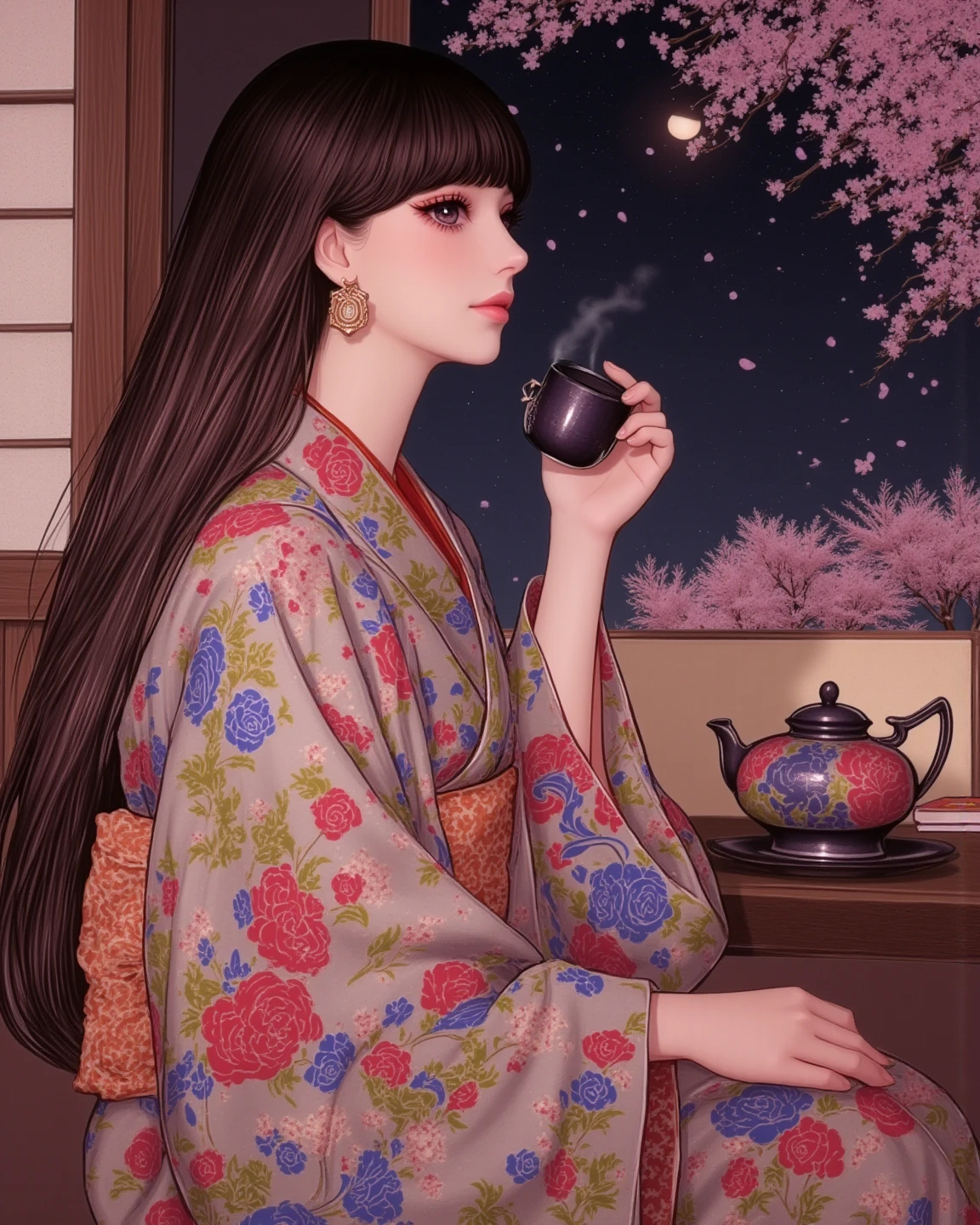 a beautiful young woman in a teahouse, elegantly drinking traditional tea, elegant tea ceremony, blunt bangs, super cute, earring, facial profile, colorful kimono, elegant movements, steam rising from the teapot, ornate tea set, A moonlit Japanese garden can be seen from the teahouse, sakura petals falling, beautiful garden landscape, View from the tea room, warm lighting. high quality, cinematic, illustration, (best quality, highres,masterpiece:1.2), vivid colors, muted color palette, soft lighting, serene atmosphere, ∮Ɲ@Ή◎◎style∮