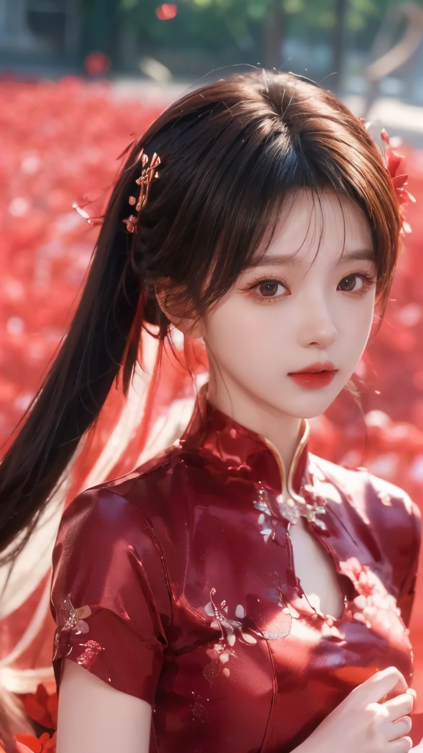 ( masterpiece,Super Fine, best quality:1.5),( 8,000,CG,illustration:1.4),(perfect-composition, exquisite and beautiful face , Very pretty cute girl 、头发上有花朵的Anime Girl, very 美丽的Anime Girl, 美丽的Anime Girl, beautiful fantasy anime , Gu Weiss, Anime Girl, 美丽的Anime Girl, very beautiful anime girl , Red flowers, background blur, Anime style 4K, Anime fantasy work , 4K anime wallpaper, Guvez style artwork ,Beauty