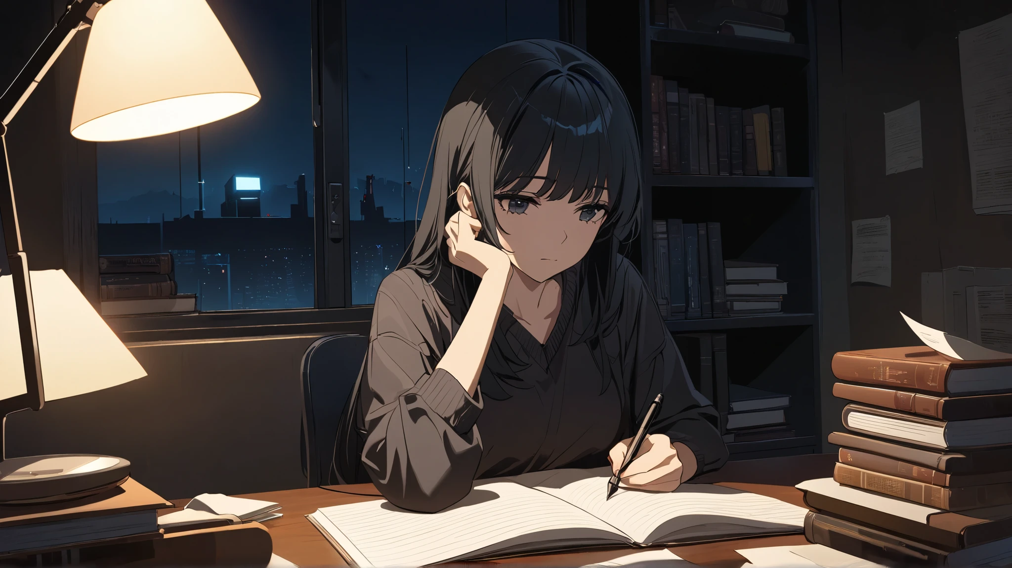 "A melancholic young woman with long black hair sitting at a desk, studying late at night. She rests her chin on one hand while holding a pen in the other, gazing at an open notebook with a thoughtful expression. A dim desk lamp casts a soft, warm glow, creating a moody, cinematic atmosphere. The room is filled with books, scattered papers, and a cup of coffee. The anime-style illustration features sharp details, smooth shading, and an aesthetic inspired by Japanese neo-noir and cyberpunk art."