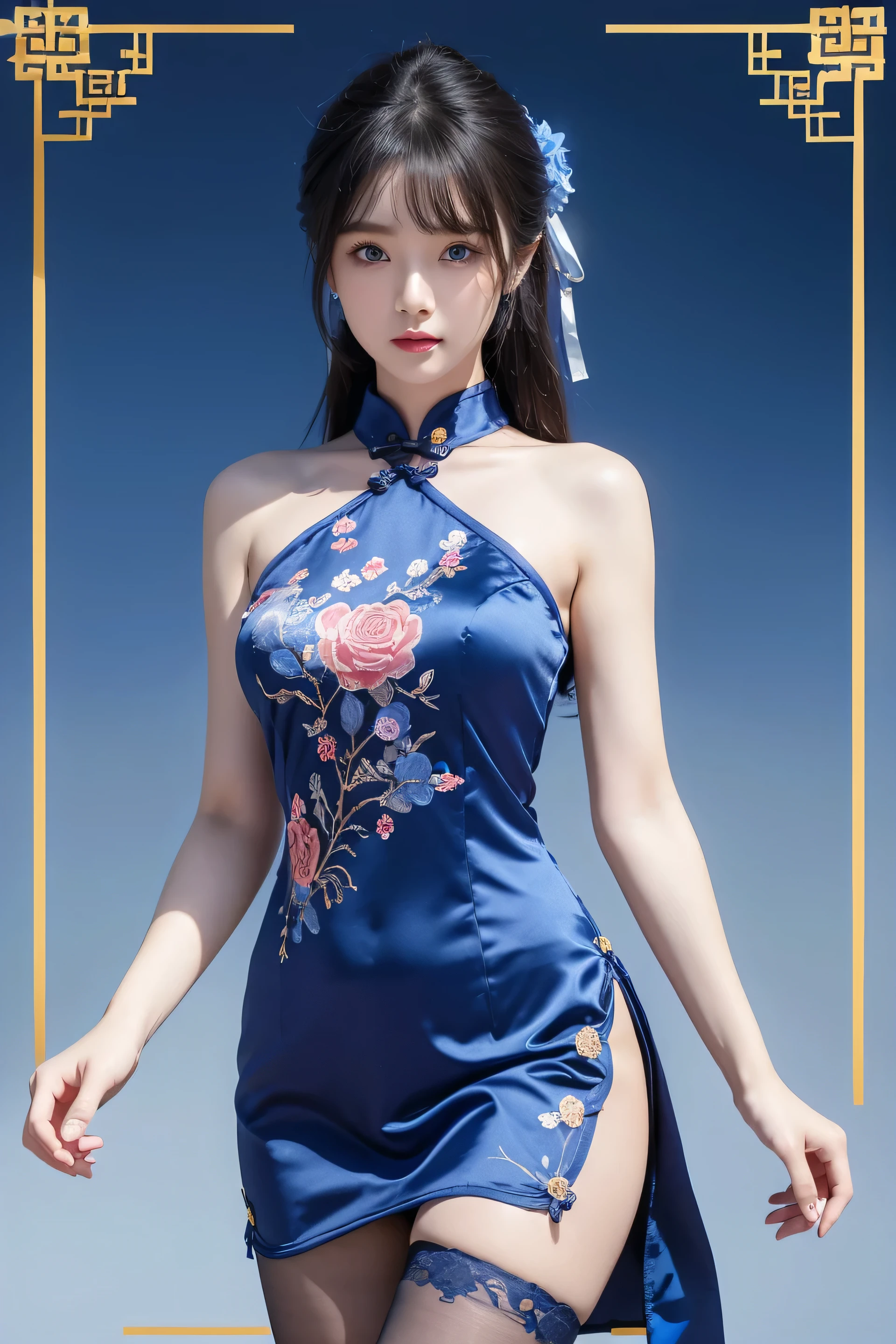 (Masterpiece, Top Quality, Top Quality, Official Art, Beautiful and Aesthetic: 1.2), (1 Girl: 1.3), (Accurate Anatomy Body and Hands), 4 Fingers and 1 Thumb, Very Detailed, gentle smile, beautiful face, detailed face, perfect proportions, huge breasts, thin waist, navel, crotch gap, thighs, (Fractal Art: 1.1), (Colorful: 1.1) (Flowers: 1.3), Most Detailed (Zentangle: 1.2), (Dynamic pose), (Abstract background: 1.3), (Cheongsam: 1.2), (Shiny skin), (Many colors: 1.4), (Earrings: 1.4),