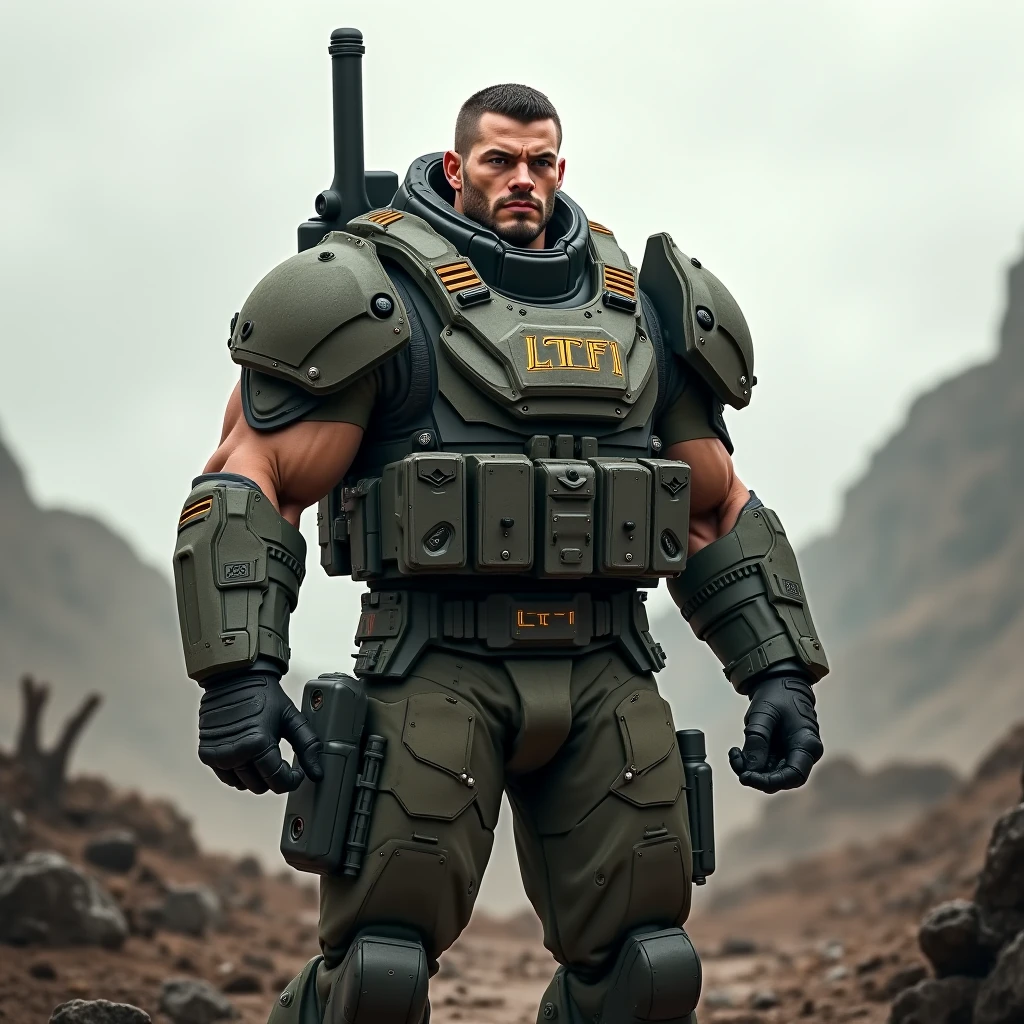 ultra realistic 8k, A white man. Heavy Infantry Army Soldier(ultra reslista). He wears a camouflage balaclava . Muscular and corpulent physique of 2,30 meters high(Realist 8K). He wears an army juggetnaut costume