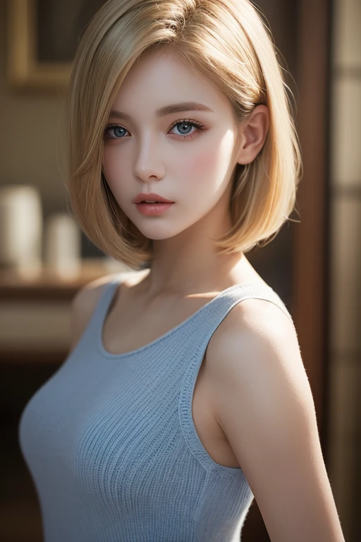 Best quality, masterpiece, ultra high res, (photorealistic:1.4), 1girl, offshoulder, deep shadow, shiny skin, Gorgeous 18-year-old woman resembling Bella Thorne, boho bob, blonde hair, hair in front of face, , short hair, soft pale skin,