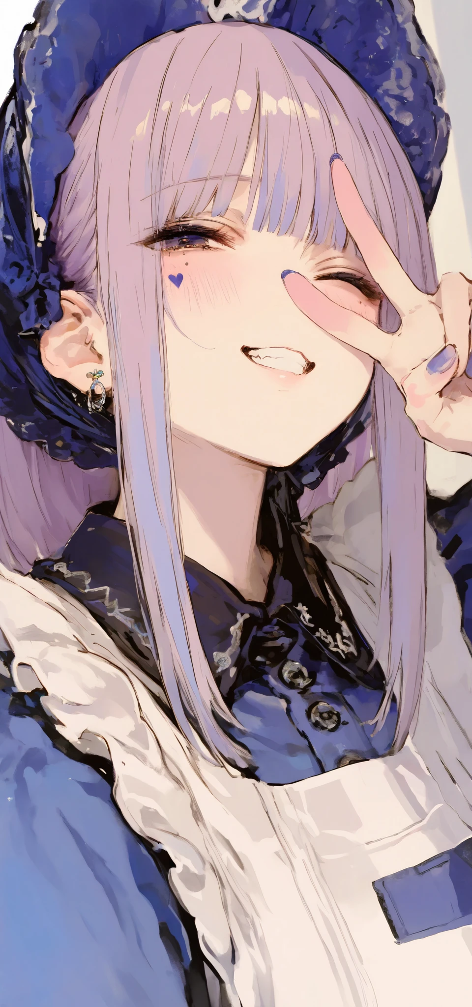 best quality, masterpiece, 748cmstyle, 1girl, heart facial mark, v over eye, wink, grin, nail polish, looking at viewer, purple eyes, purple nails, purple hair, blush, upper body, smile, maid apron, maid headdress, collared dress, white apron, medium hair, blunt bangs, jewelry, blue dress, earrings, bonnet, blue nails, sidelocks, blue headwear, hand up, fingernails