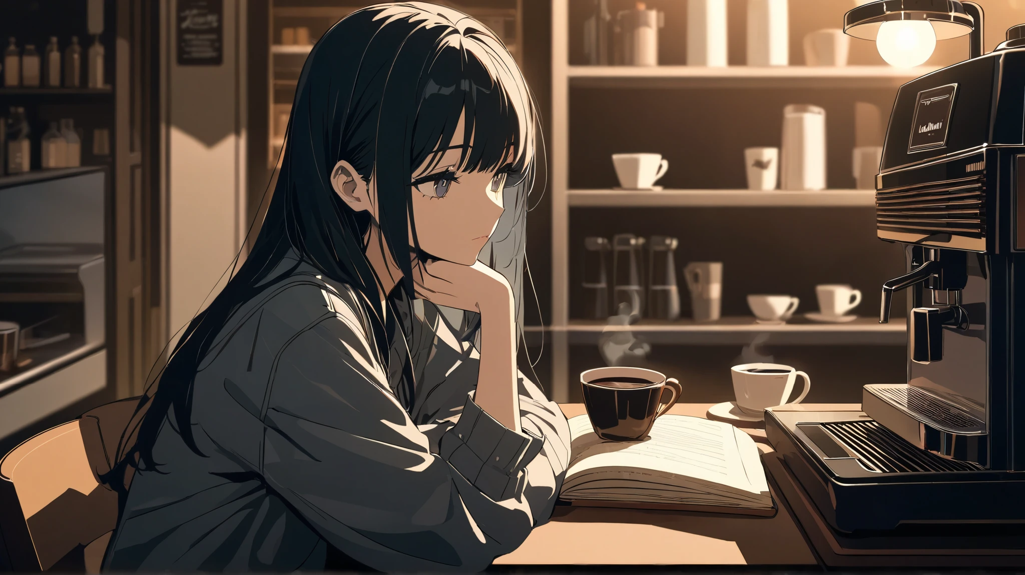 "A melancholic young woman with long black hair sitting alone in a cozy café, sipping a cup of coffee. She rests her chin on one hand, gazing into the distance with a thoughtful expression. The warm, dim lighting of the café creates a moody, cinematic atmosphere, with soft shadows and a rich, muted color palette. The background features blurred café patrons, bookshelves, and a vintage coffee machine. The anime-style illustration features sharp details, smooth shading, and an aesthetic inspired by Japanese neo-noir and cyberpunk art."