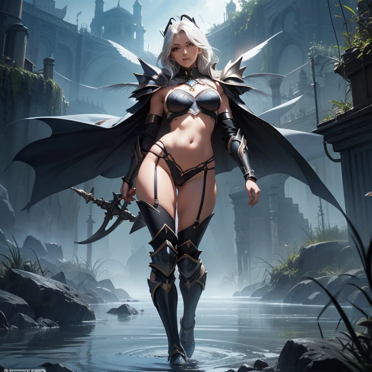 ((best quality)), (detailed), 1 women big pornstar heavy knight armor, 8k_wallpaper, extremely detailed eyes, (large masterpiece digital art), (intricate details:1.3 ), (ultra-detailed:1.3), (sharp focus:1.3), (natural lighting:1.05), (vivid colors:1.3), (best quality:1.4), expressive eyes, full body, detailed face, beautiful face, perfect face, ((hair sandy white curls)), ((gold horns)), (gold eyes), {{dark skin}}, ({dark skinned female}), big breasts, huge chest, big wide ass, powerful relief muscles of the abdomen and legs, powerful strong muscles of the arms, belly piercing with blue emeralds, cruel predatory and cold-blooded arrogant look and smile, an open red coat with rolled up sleeves, a translucent blue crop top very clear outlines of huge pointed nipples with large piercings under the fabric, steel combat pauldrons, steel bracers and leather gloves, leather shorts under which I can see the clear outlines of a big vagina, walks along the path against the backdrop of a ruined elf village and flowering vines and wild forests, style fantasy and adventure world,