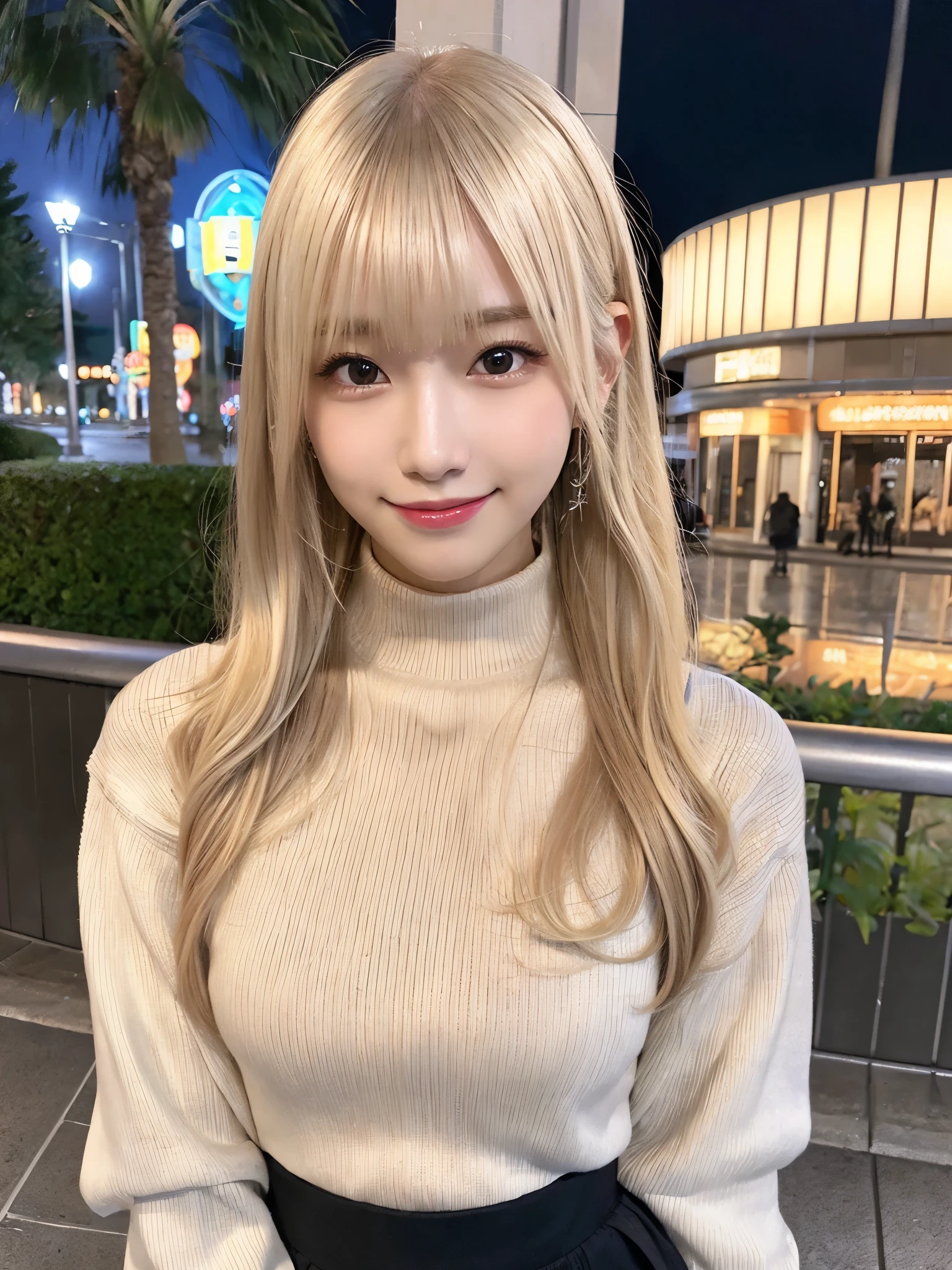 highest quality、8k masterpiece、ultra high resolution、(realistic:1.3)、RAW photo、Shining blonde Scandinavian beautiful girl、Beautiful shiny platinum blonde hair、super long straight hair、bangs between eyes、Very beautiful bright light blue eyes、very big eyes、Eyes shining towards the camera、neon details、small face beauty、round face、cheek gloss highlight、sexy big breasts,A -yeld beiful girl looks sexy and cute & cute beautiful sexy face, The strong wind blows the hair in front of my face,Beautiful super long metallic blonde straight hair with beautiful cute and sexy eyes hidden behind long bangs、Navel Shirt、Very short yellow and black checked miniskirt、Turn around and look at me with a smile、