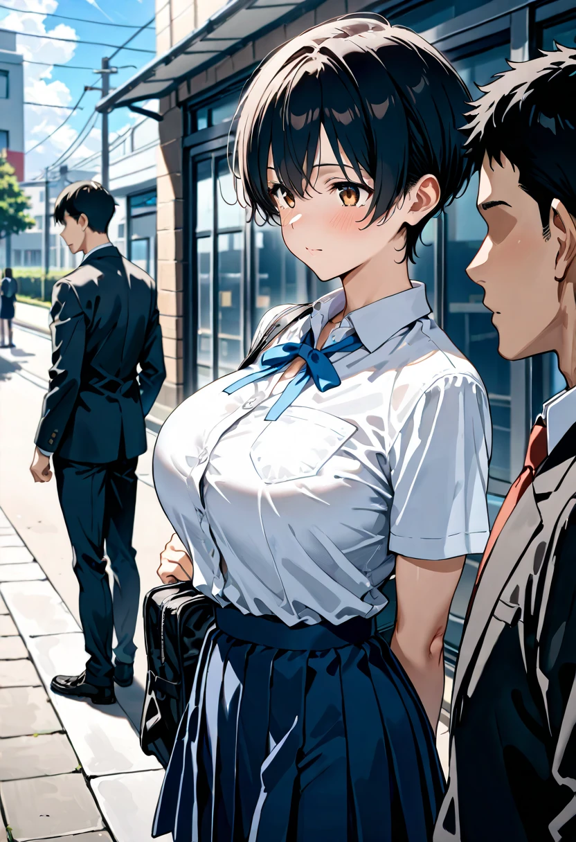 ((((A 35-year-old office worker being hugged from behind by a middle-aged man))))、((Being molested))((The upper body is a white shirt and tie))、Asian、(((A dark and mysterious crowded train at night)))、、,Short Hair、buzzcut、A little muscular、((Masculine))、Detailed facial expressionasterpiece),Highest quality,Excellent anatomy、Intimidating