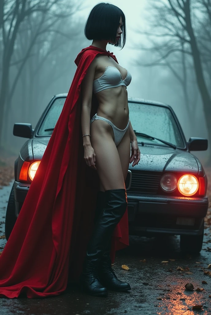 Beautiful and sexy undead gothic vampire girl with short dark hair and blue eyes, Big big butts, super muscular , super strong and huge red lingerie , Waders, BBW lifts giant truck over her head laughing with fangs view from ground