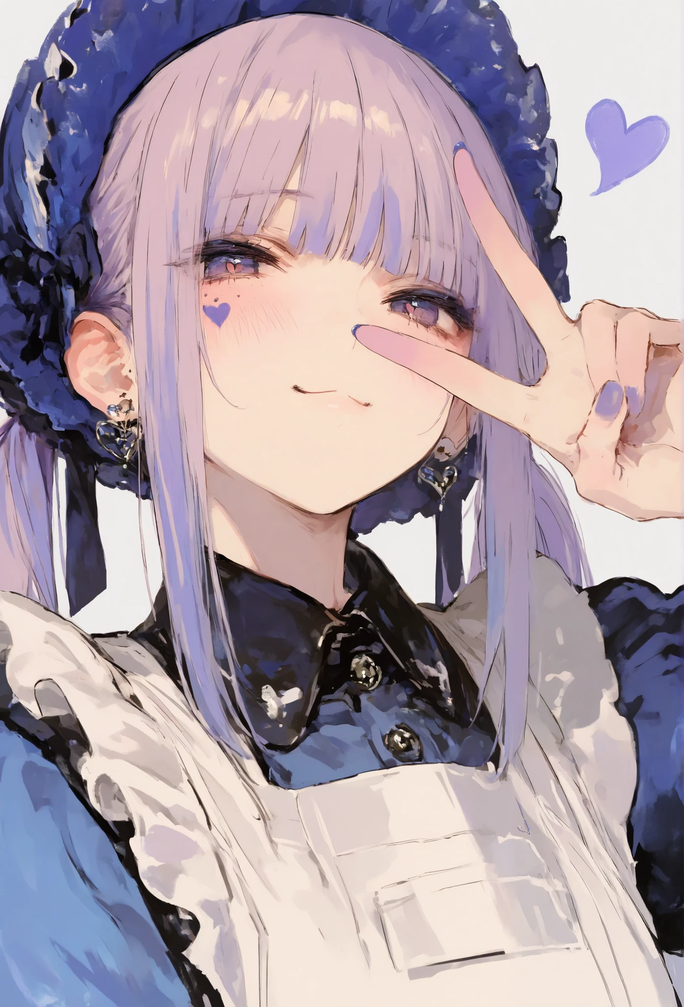 best quality, masterpiece, 748cmstyle, 1girl, heart facial mark, v over eye, nail polish, looking at viewer, purple eyes, purple nails, closed mouth, purple hair, blush, upper body, smile, maid apron, maid headdress, collared dress, white apron, twintails, blunt bangs, jewelry, blue dress, earrings, bonnet, multicolored hair, blue nails, sidelocks, blue headwear, hand up, fingernails