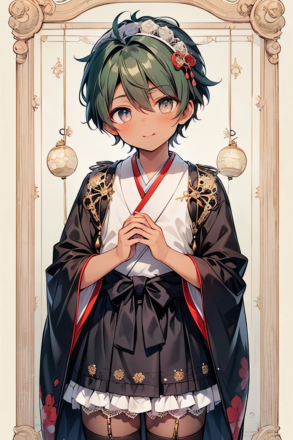 ((1-boy :1.3)),((handsome Gay:1.2)),(( An Adult Man :1.15)), open your mouth wide and smile,short Karl hair,green hair,(lace pattern background:1.25), shiny ,((top view:1.0)),(touch your chest with both hands over your clothes:1.15),((gold Japanese style dress:1.1)),(black and white voluminous dress with frills and lace:1.15),((lace Headdress:1.0)),(gorgeous hairpin:1.0),((lace-topped stockings:1.2)),((dark skin body:1.3)),