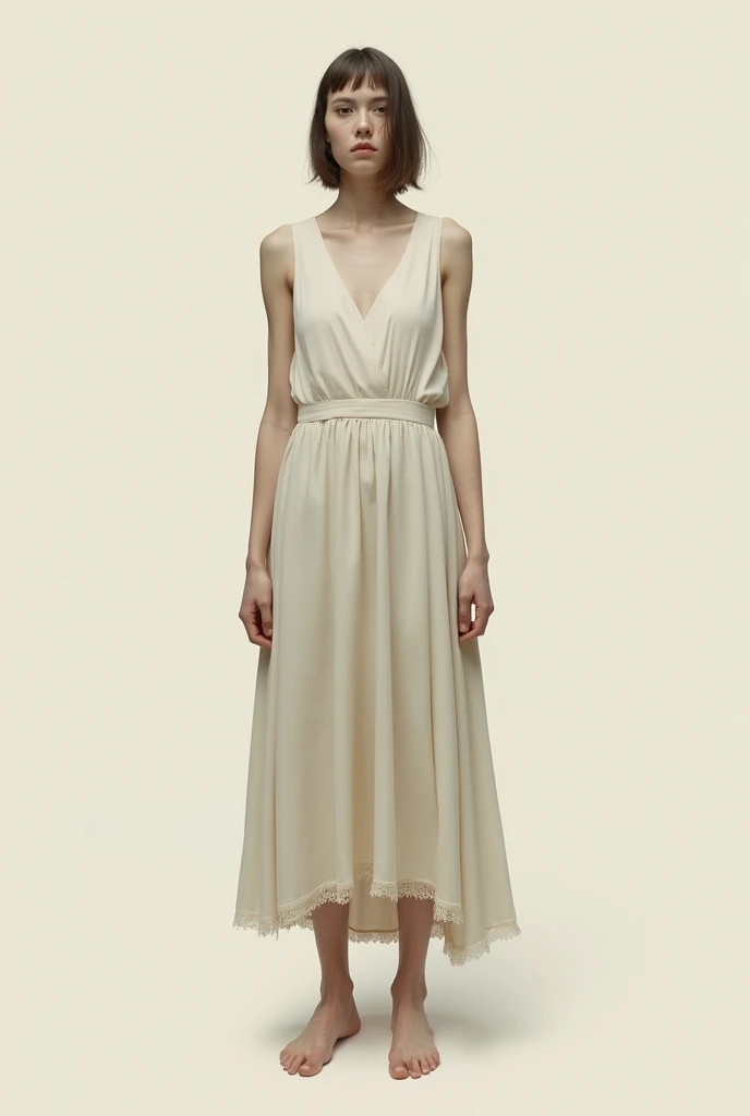 A beige silk dress hung on a hanger, with a side view and a clean background
