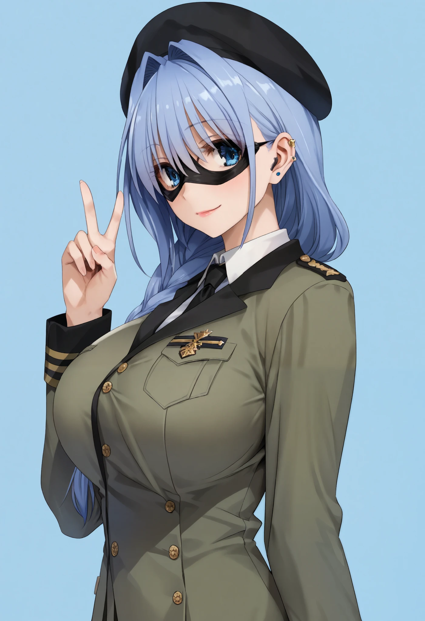 score_9, score_8_ up the side, score_7_ up the side, score_6_ up the side, score_5_ up the side, score_4_ up the side, 1 girl, Alone, big breasts, beret, gradation shirt that Furakana has , mask, military, uniform, V sign,
(Light blue background), simple background,