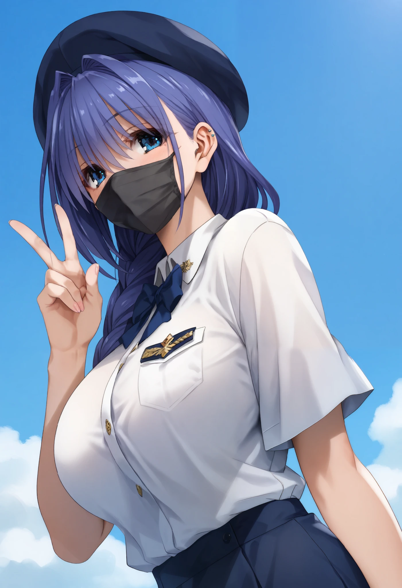 score_9, score_8_ up the side, score_7_ up the side, score_6_ up the side, score_5_ up the side, score_4_ up the side, 1 girl, Alone, big breasts, beret, gradation shirt that Furakana has , mask, military, uniform, V sign,
(Light blue background), simple background,