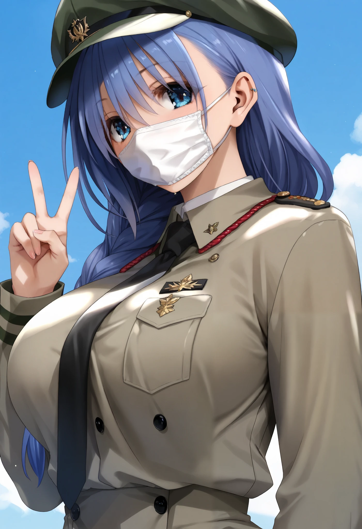 score_9, score_8_ up the side, score_7_ up the side, score_6_ up the side, score_5_ up the side, score_4_ up the side, 1 girl, Alone, big breasts, beret, gradation shirt that Furakana has , mask, military, uniform, V sign,
(Light blue background), simple background,