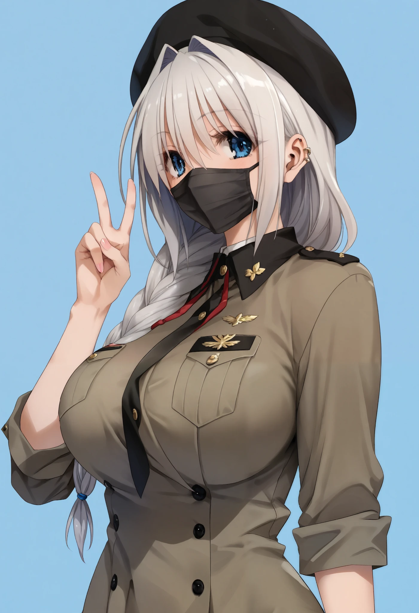 score_9, score_8_ up the side, score_7_ up the side, score_6_ up the side, score_5_ up the side, score_4_ up the side, 1 girl, Alone, big breasts, beret, gradation shirt that Furakana has , mask, military, uniform, V sign,
(Light blue background), simple background,