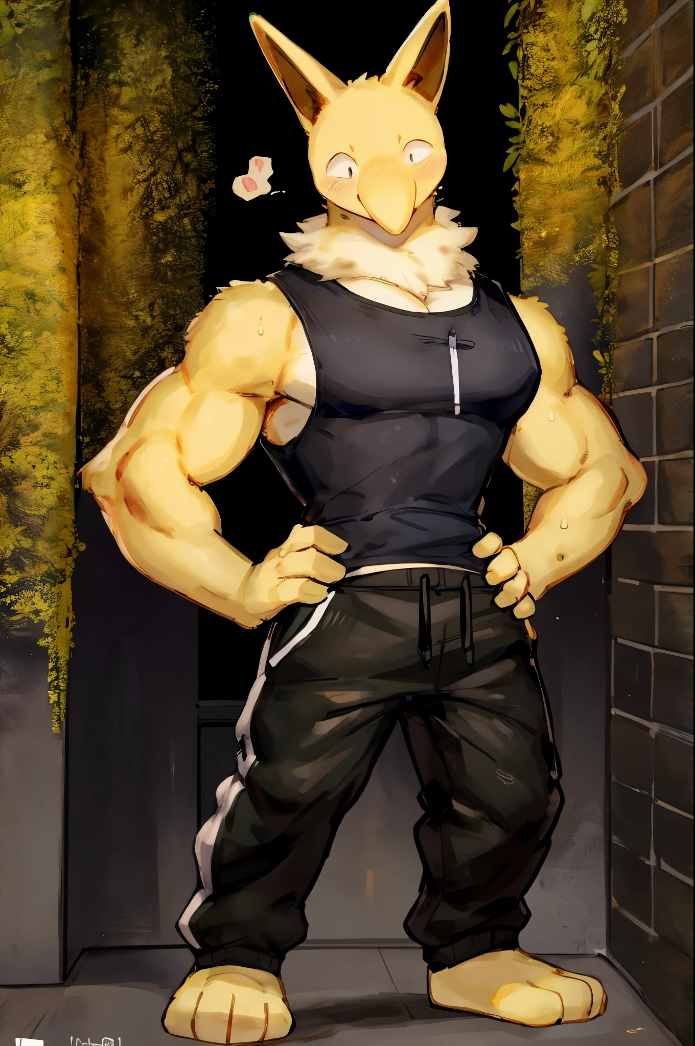 Furry, Anthro, solo, Hypno, Male, (((muscular, pectorals, yellow skin, fluffy neck, wearing white fur around neck))), ((((biceps, wide-eyed, head tilt, standing upright)))), ((((((massive bulky torso, hands on hips, happy, tanktop. black full male tanktop, pants, sweatpants, black pants, barefoot)))))), full body, front view, black/yellow spraypainted background, by buta99, by zackary911, by bebebebebe, (((digital painting)))
