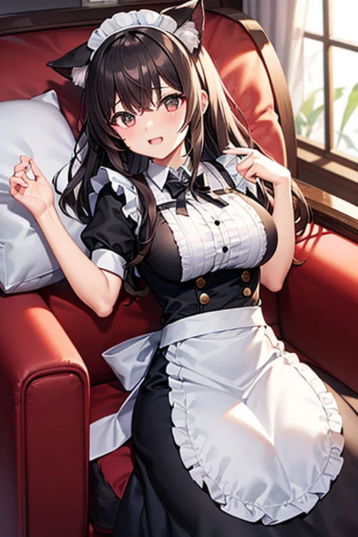 creates a 24-year-old anime girl dressed as a maid with wide hips and big breasts and brown hair and red eyes in a cafeteria landscape