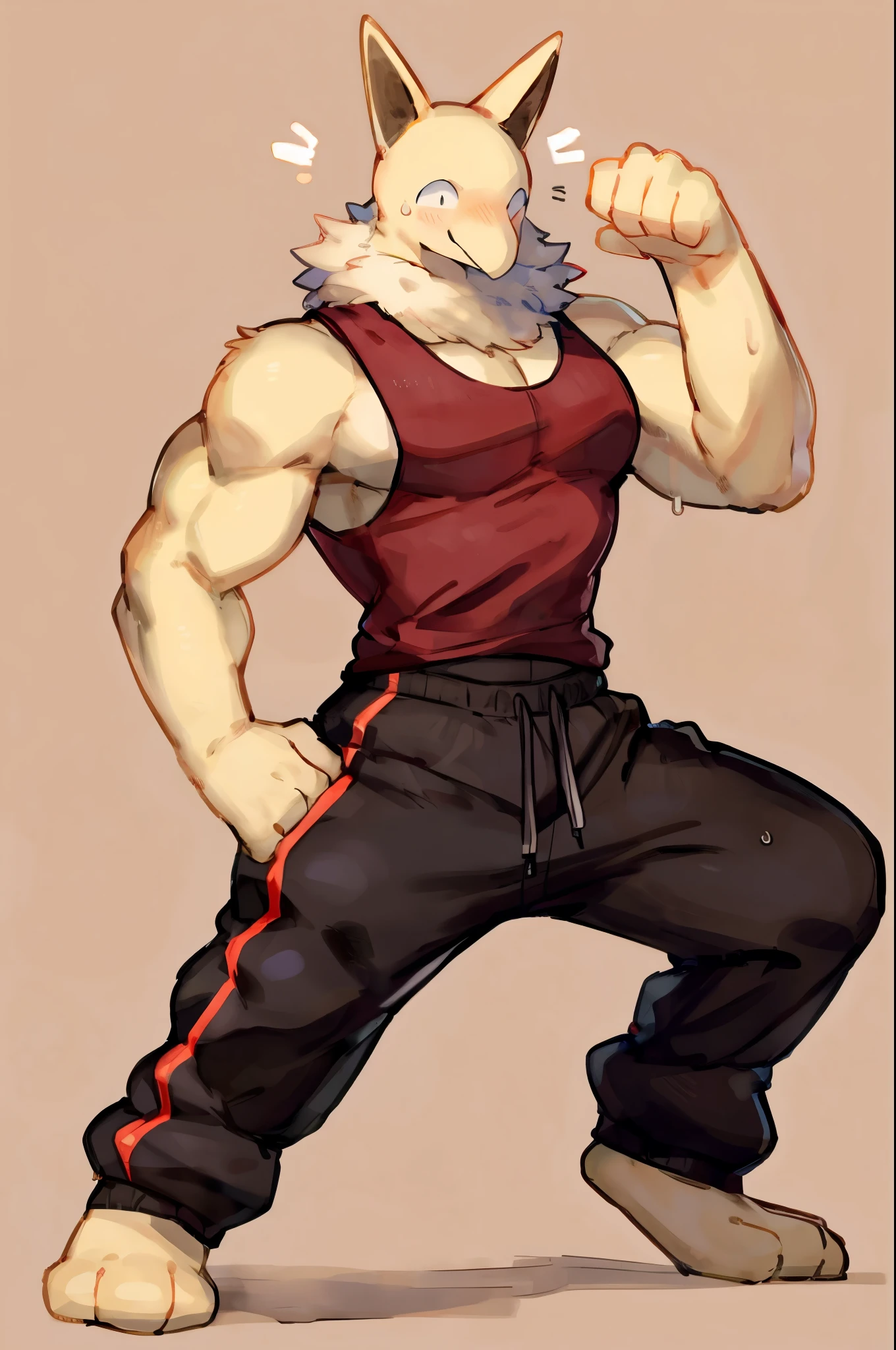 Furry, Anthro, ((solo)), Hypno, Male, 1boy, (((muscular, pectorals, yellow skin, fluffy neck, wearing white fur around neck))), ((((biceps, wide-eyed, head tilt, standing upright)))), ((((((massive bulky torso, dancing, happy, smile, tanktop. black full male tanktop, pants, sweatpants, black pants, barefoot)))))), full body, front view, tan background, by buta99, by zackary911, by bebebebebe, (((digital painting)))