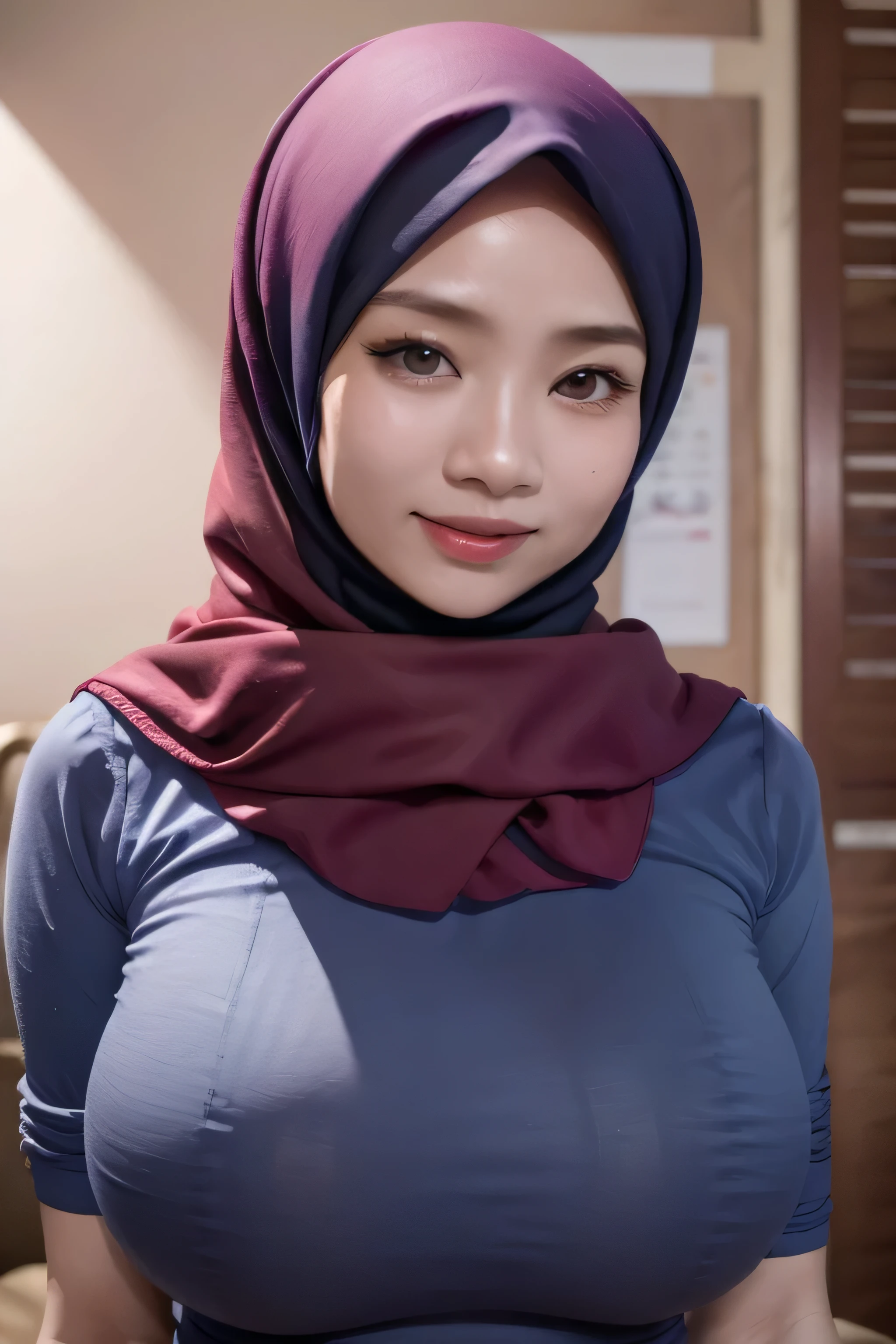 popular, 1 girl, ( face to face ), s, , happy, Half body image , ( Face Details : 1), ( Eye Details: 1), (( big breasts )). wearing a long light blue shirt, hijab, .. Nice Situation . proportional body . super resolution photo . really: 1.4, ultra-high definition