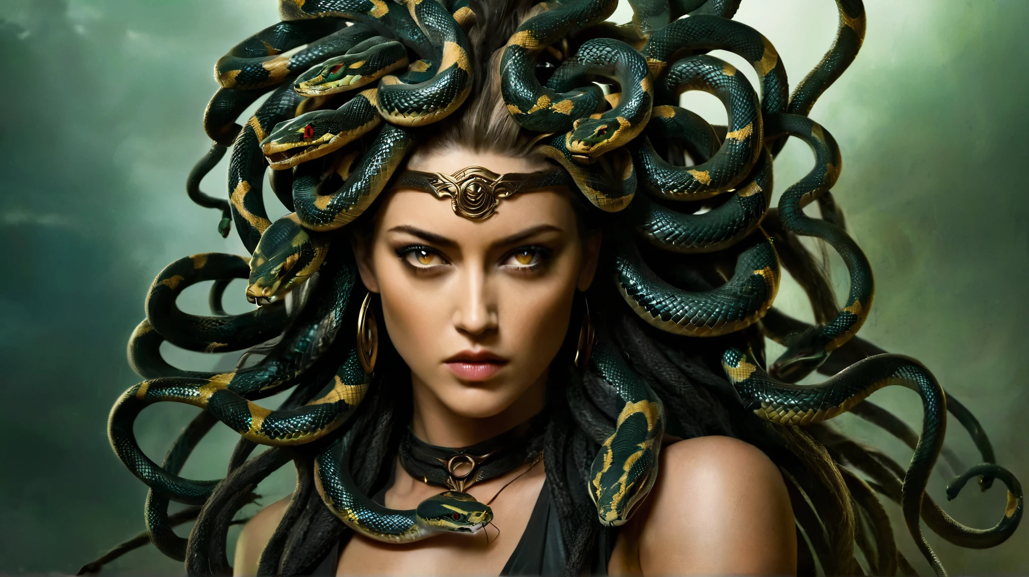 Looks like Amber Heard, thick figure, fleshy body, fierce looks, fiery and glowing eyes, erotic, Dark Fantasy Art of Medusa a woman with snake dreads holding a snake In Greek mythology, Medusa, also called Gorgo, a human female with living venomous snakes in place of hair, dark, moody, dark fantasy style