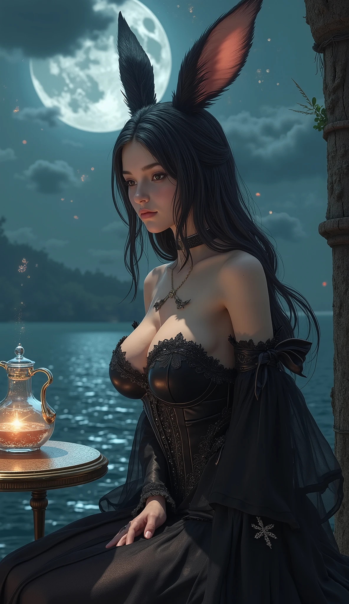 Final Fantasy Style , Takahashi Kazunari's masterpiece, depiction of a face expressed in great detail, Detailed Eyes 、Detailed faces、Hair drawn down to the smallest detail 、solo sexy Viera girl , beautiful , 32K, enchantment, masterpiece, top quality, , , , (( uplifted big breasts, deep cleavage )),Sparkling Skin、sitting beside a small round table, (in black transparent gothic dress), Silence, Silence, Serenity、 lakeside, (Uplifted and well defined breasts:1.2), (:1.2), (:1.2), ,, ((Moonlit Tea Ceremony))、(( full moon))、 Milky Way、 starry sky