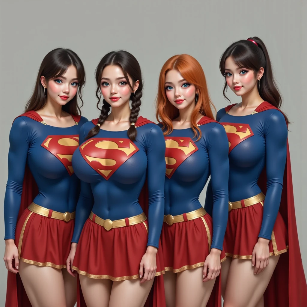 ((Four Chinese idols standing in a row))　Mature Woman　Brown hair with bangs　Wavy Hair　Big eyes　((Bright red plump lips))　((Beautifully lit night stage))　　((Racing model costume-style bodycon dress with sponsor logo made of super shiny silver and blue enamel material))　((Ultra-glossy patent leather knee-high boots))　 masterpiece　8K　Drawn from above　Beautiful armpits　Beautiful smile