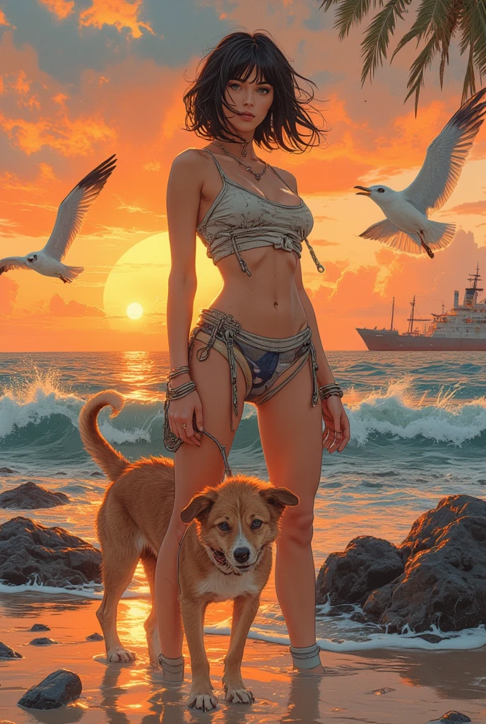 Beautiful picture of fade_valorant sitting on the beach enjoying the view, bikini, sitting on a rock, sunset, shoulders tattoo of a bear paw